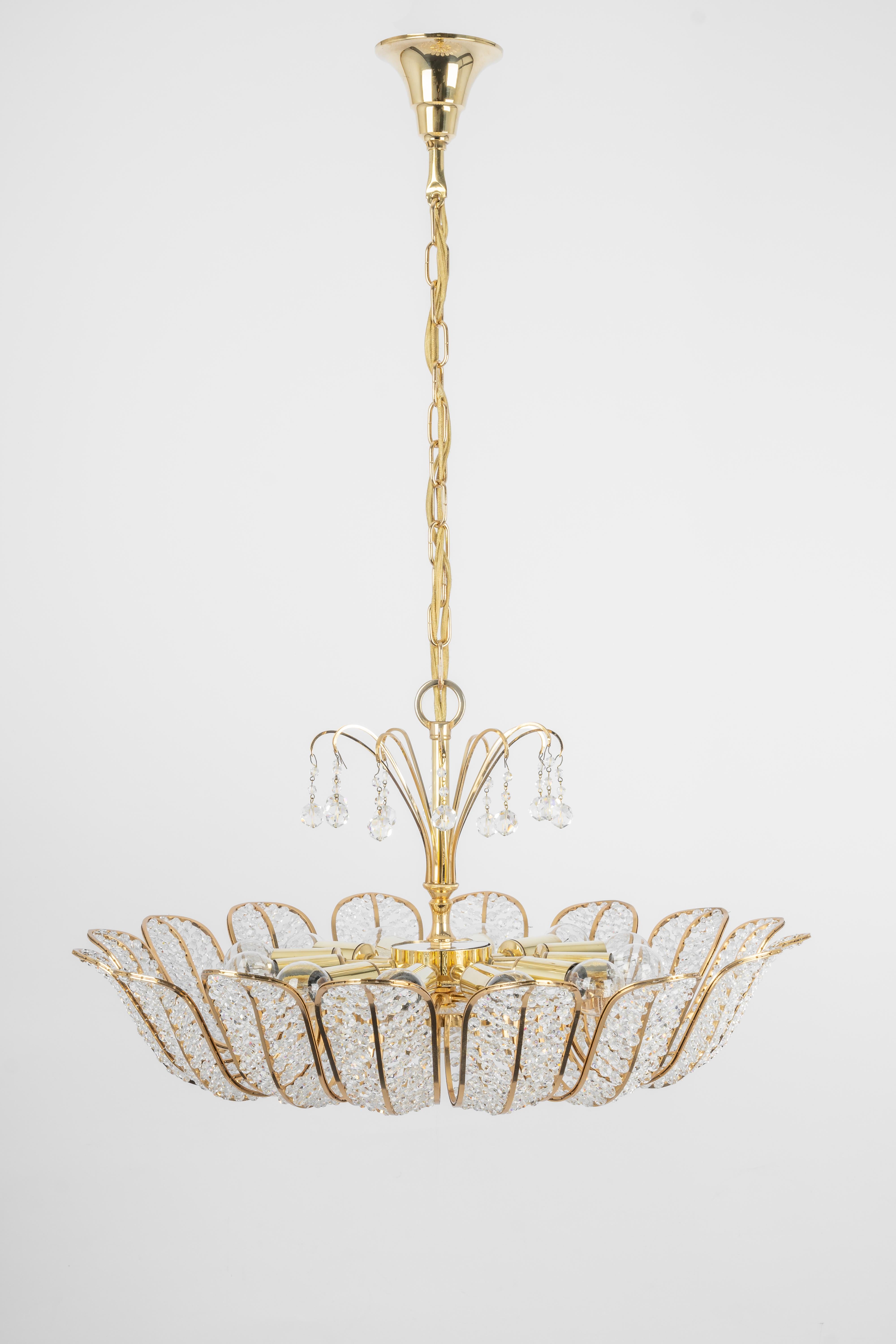 Large Brass and Crystal Chandelier, Designed by Palwa, Germany, 1970s In Good Condition In Aachen, NRW
