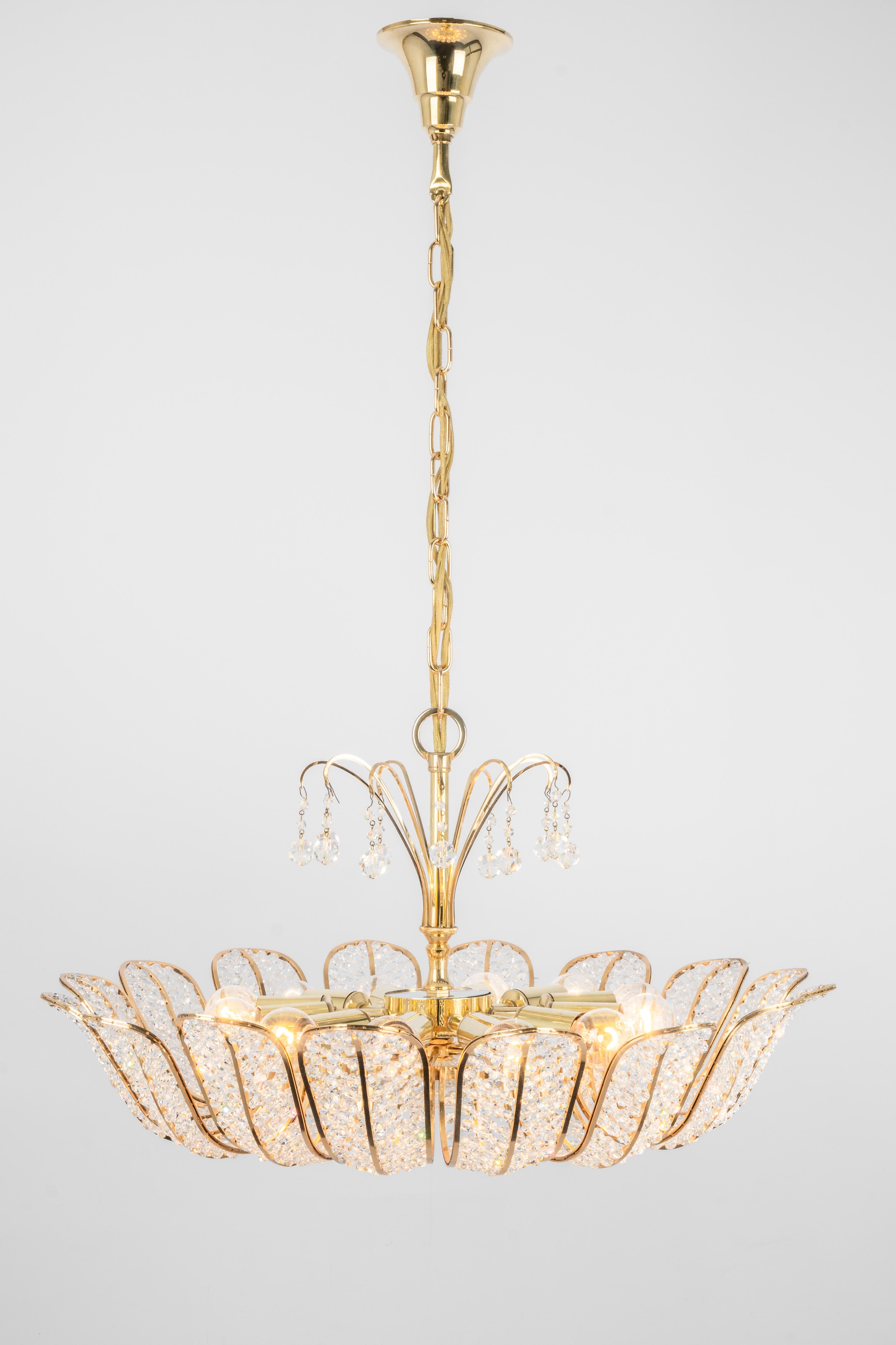Late 20th Century Large Brass and Crystal Chandelier, Designed by Palwa, Germany, 1970s