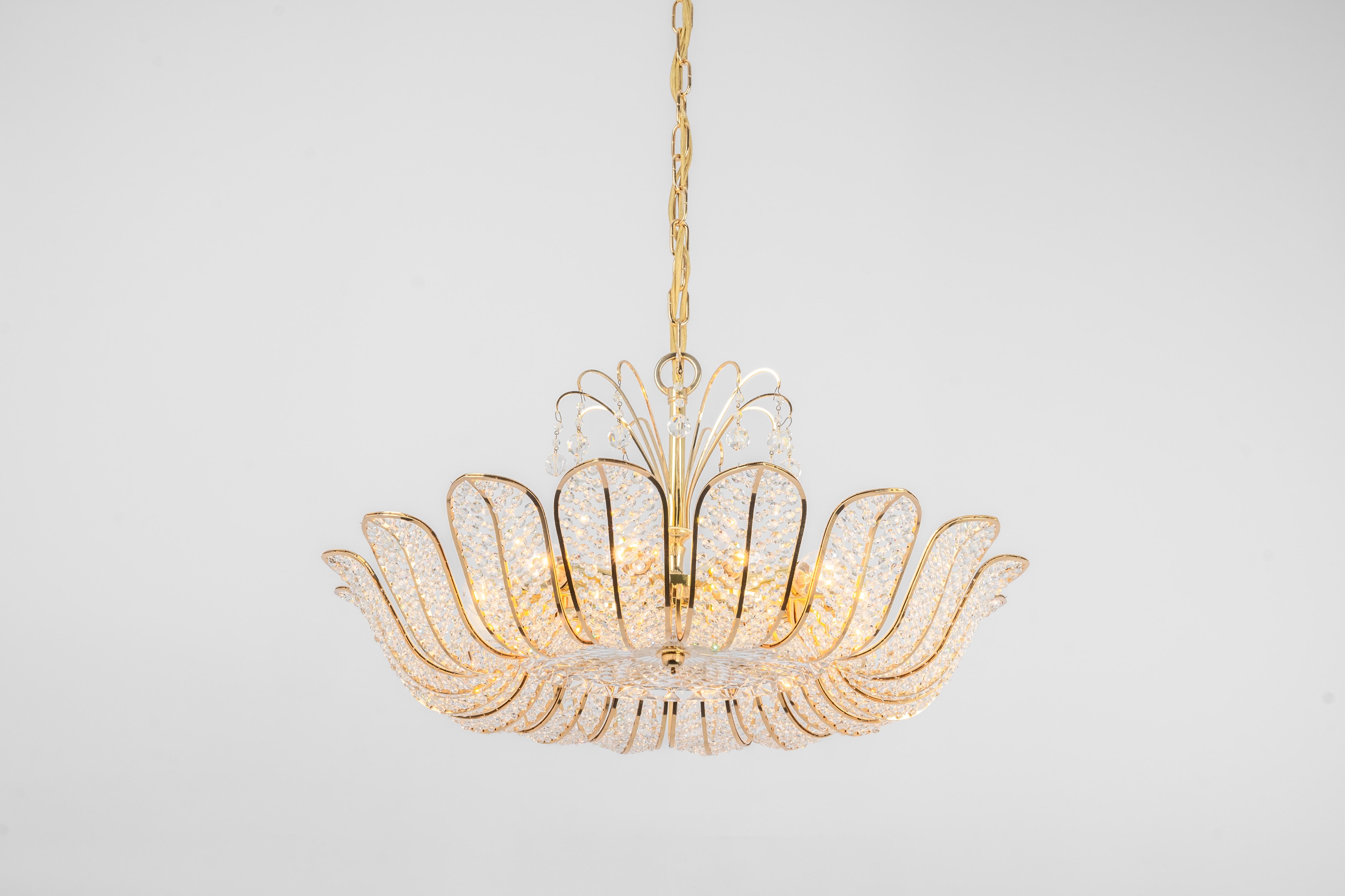 Large Brass and Crystal Chandelier, Designed by Palwa, Germany, 1970s 1