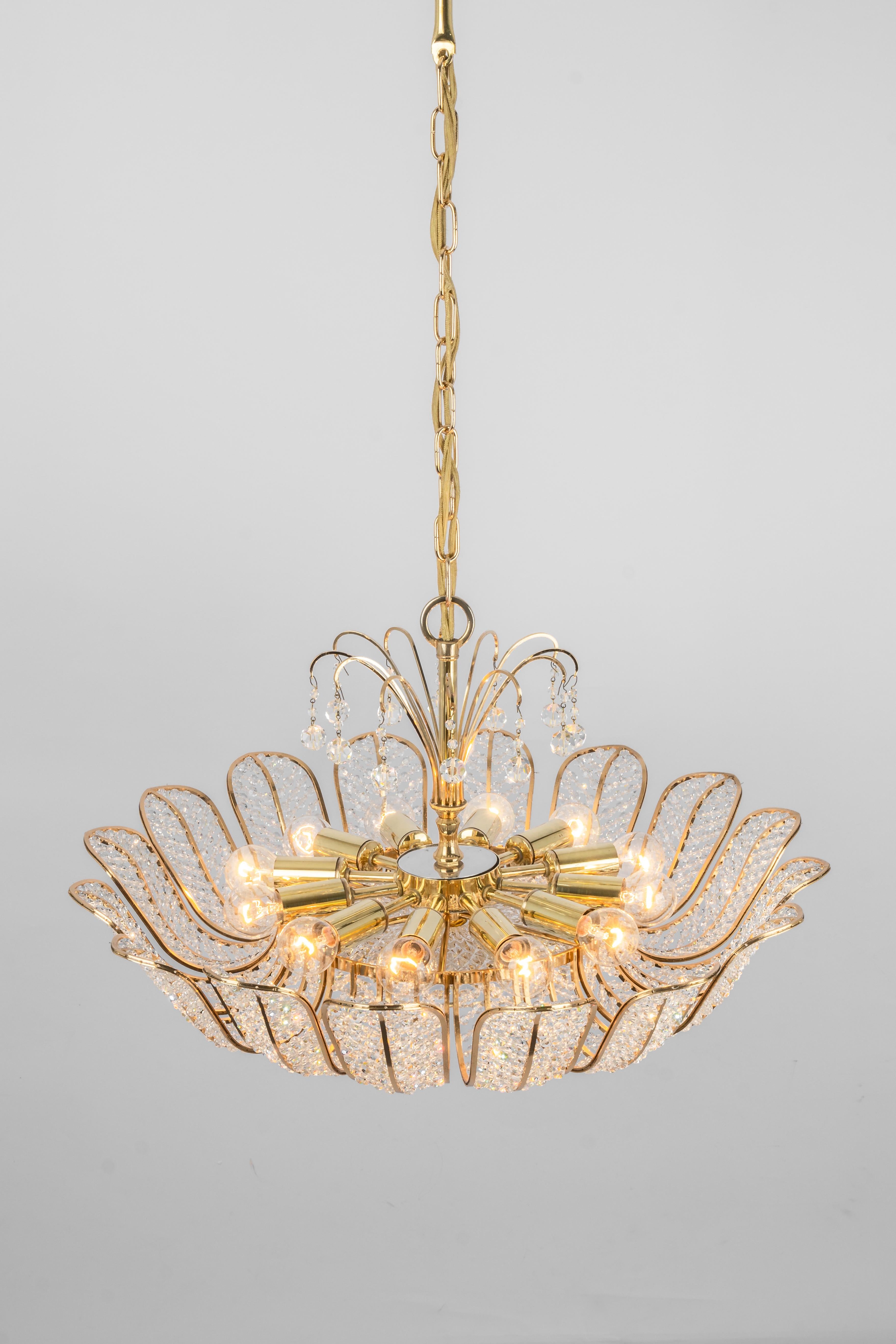 Large Brass and Crystal Chandelier, Designed by Palwa, Germany, 1970s 2