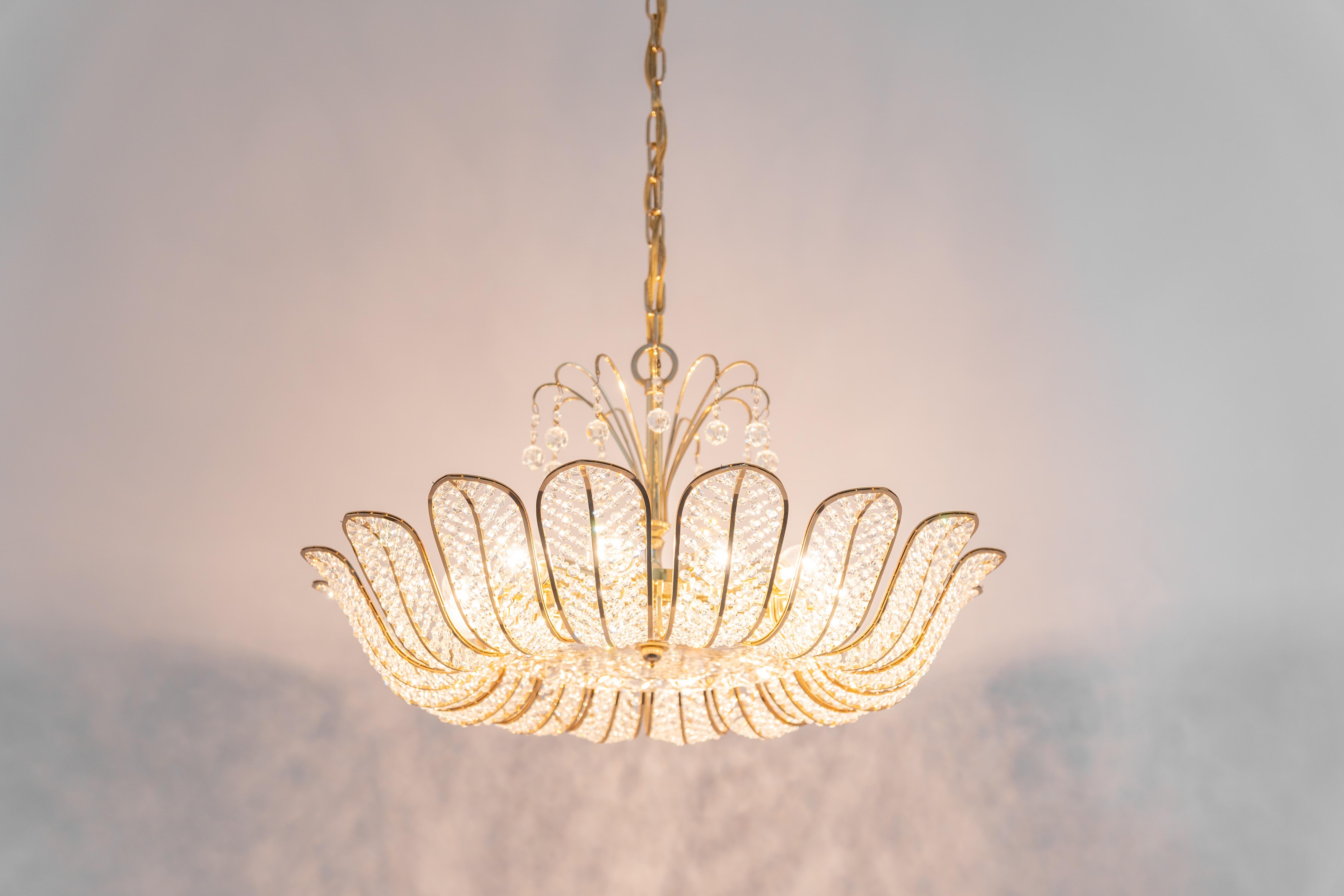 Large Brass and Crystal Chandelier, Designed by Palwa, Germany, 1970s 3