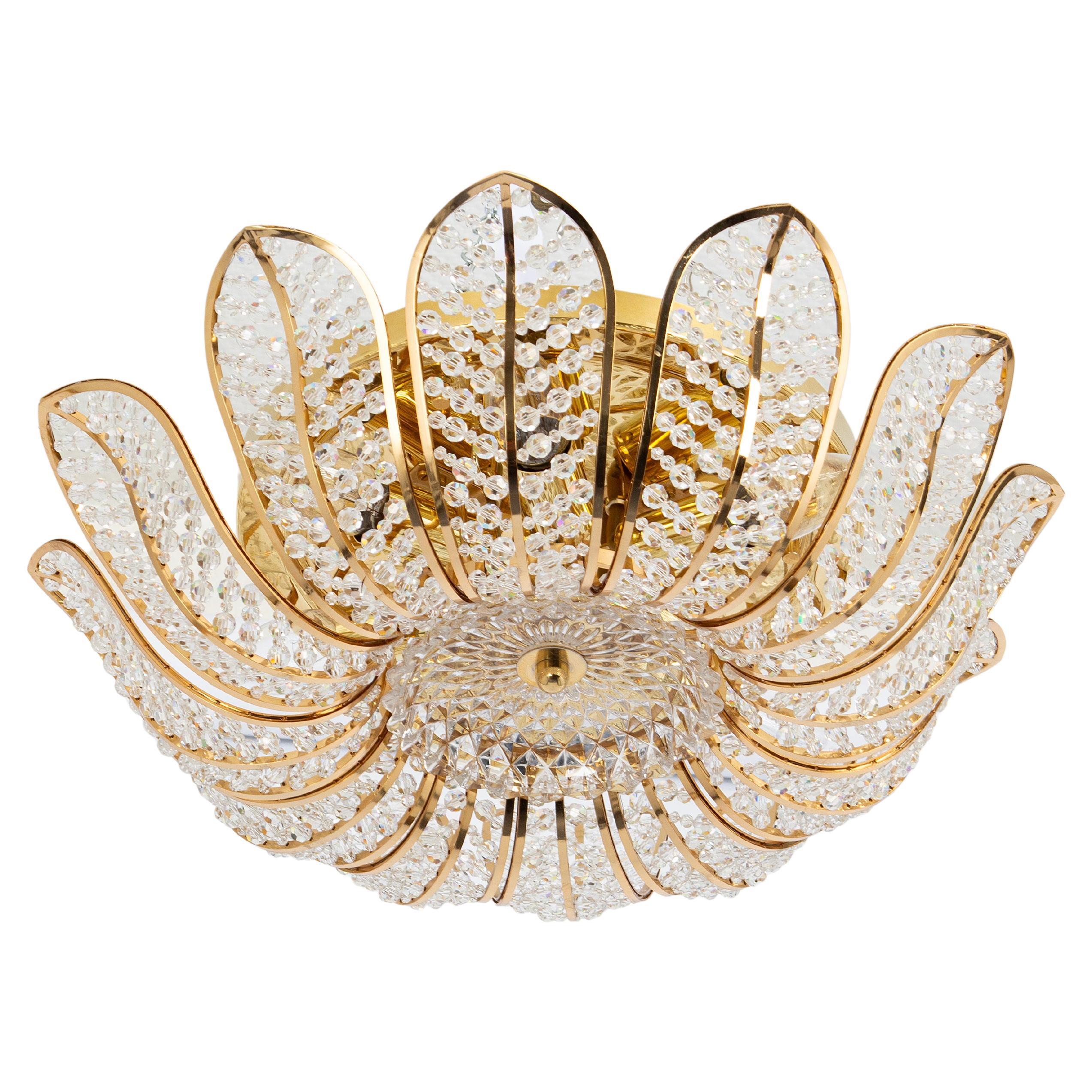 Large Brass and Crystal Chandelier, Designed by Palwa, Germany, 1970s