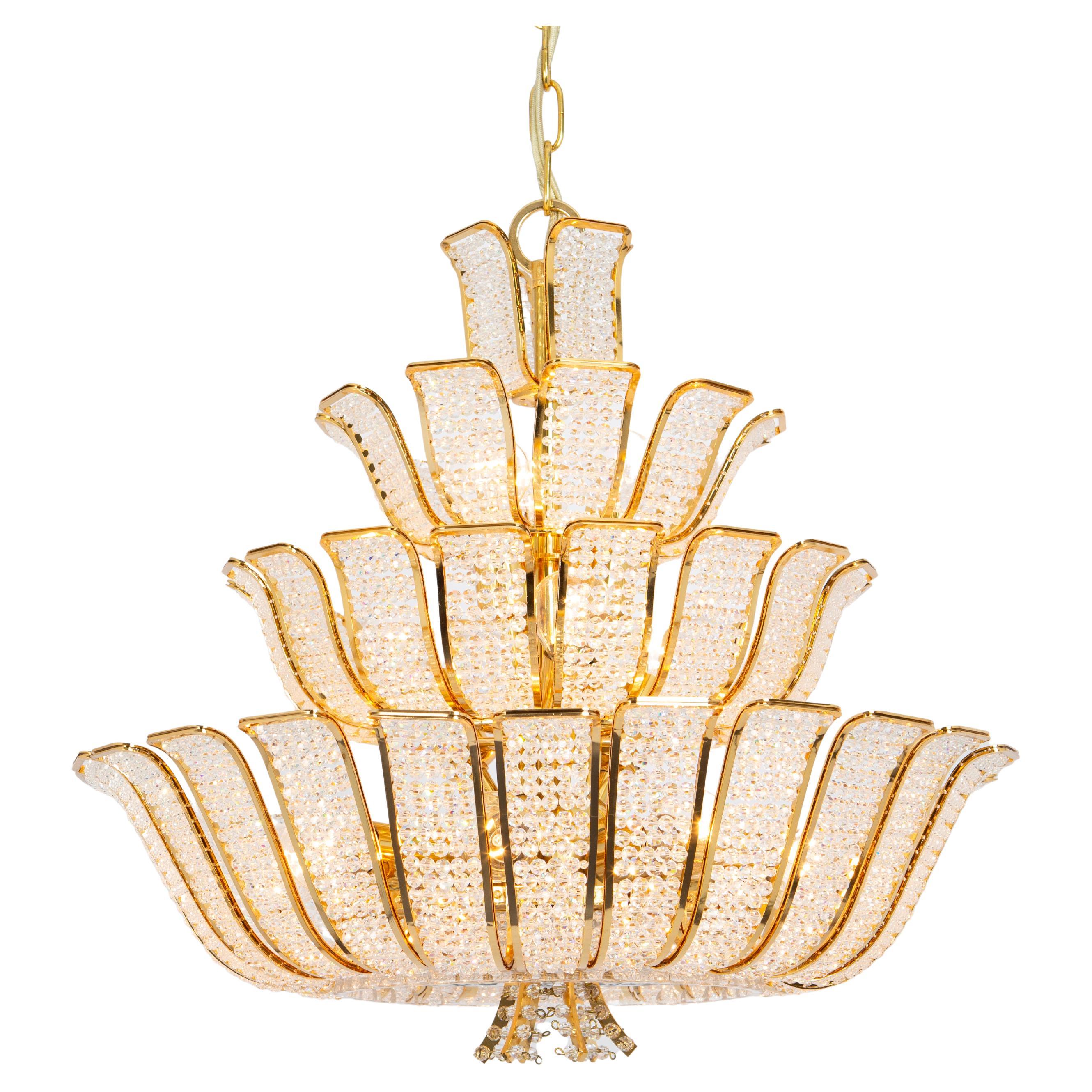 Large Brass and Crystal Chandelier, Designed by Palwa, Germany, 1970s