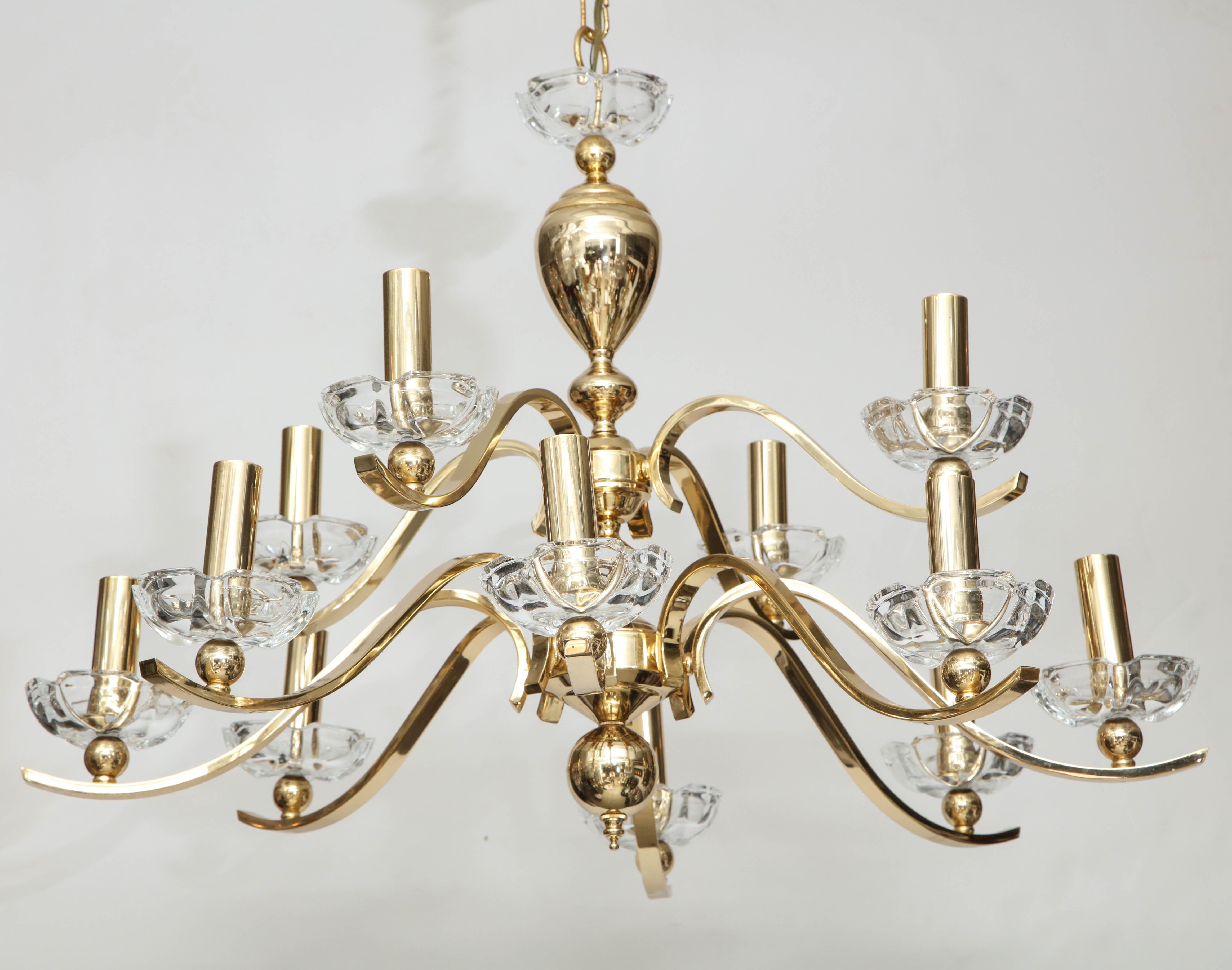 Late 20th Century Large Brass and Crystal Chandelier For Sale