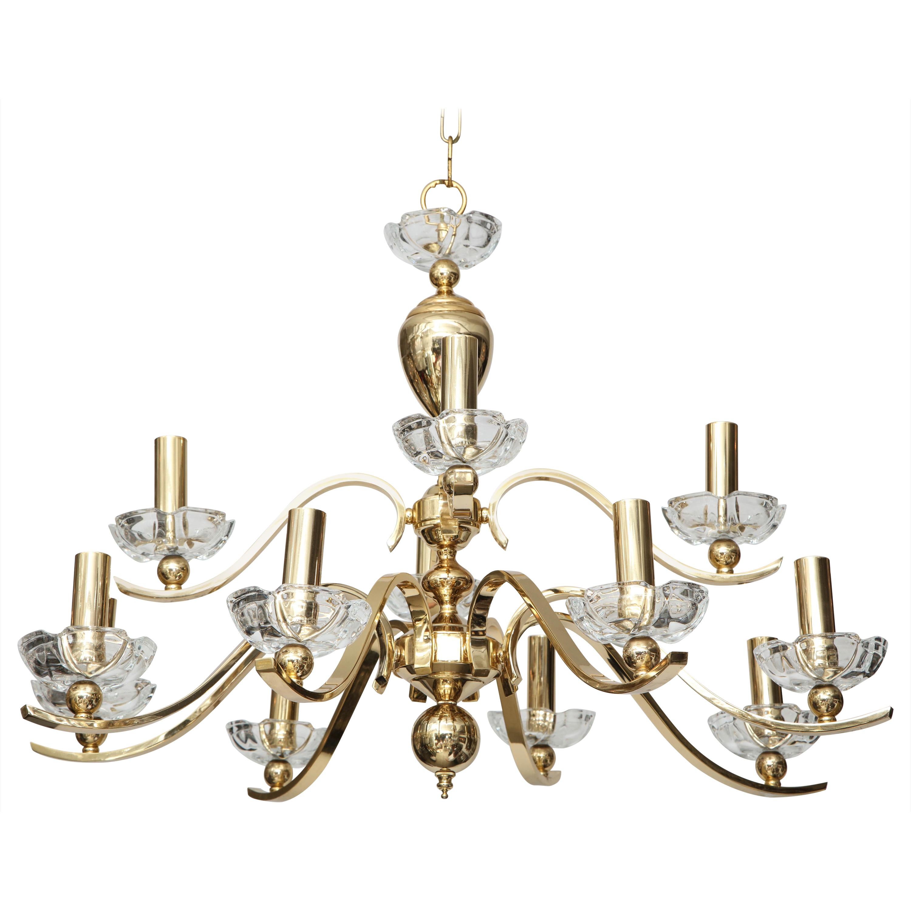 Large Brass and Crystal Chandelier For Sale