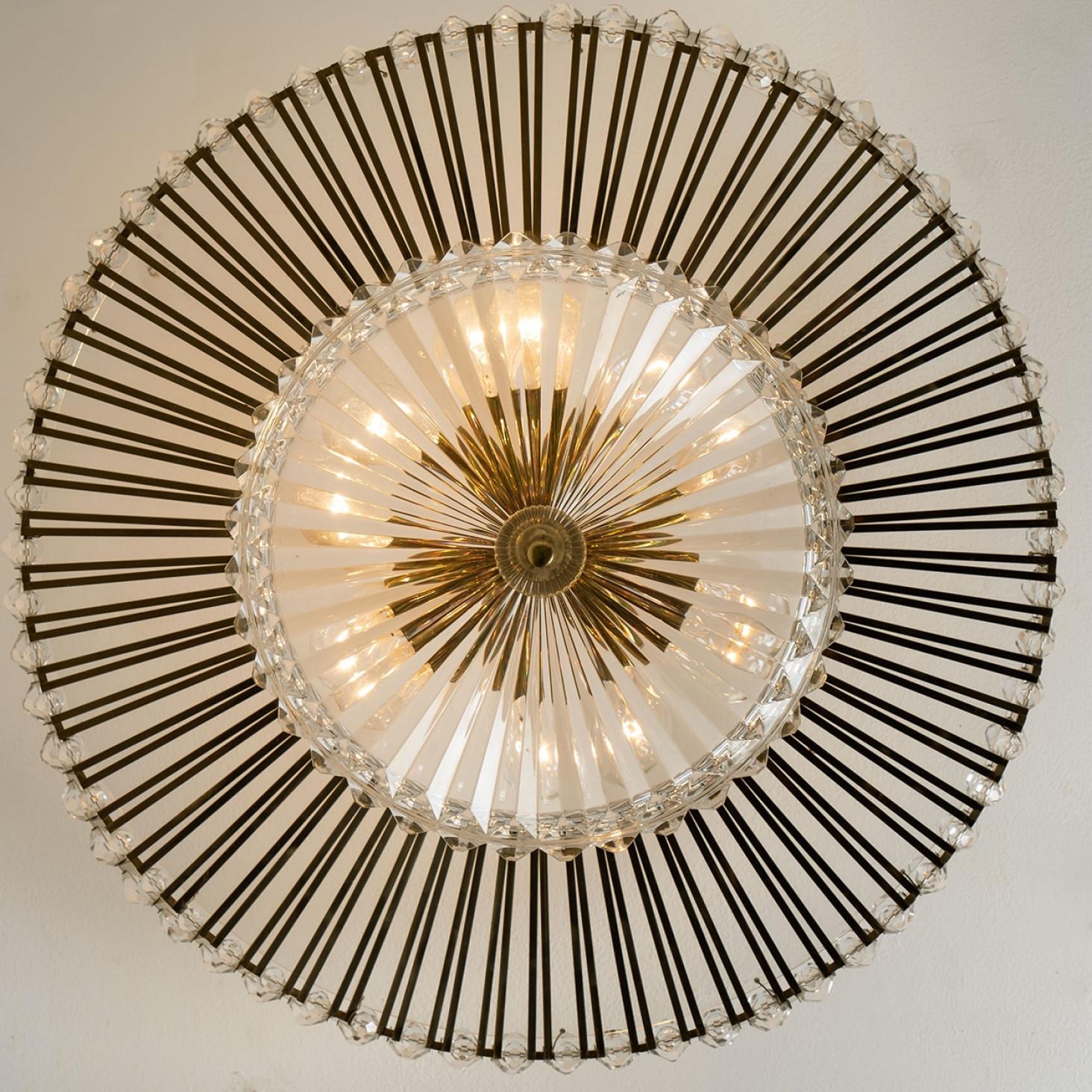 Large Brass and Crystal Flush Mount, Ernst Palme, Germany, 1970s For Sale 6