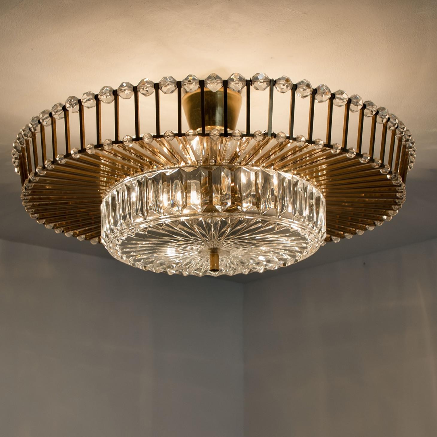 Large Brass and Crystal Flush Mount, Ernst Palme, Germany, 1970s For Sale 7
