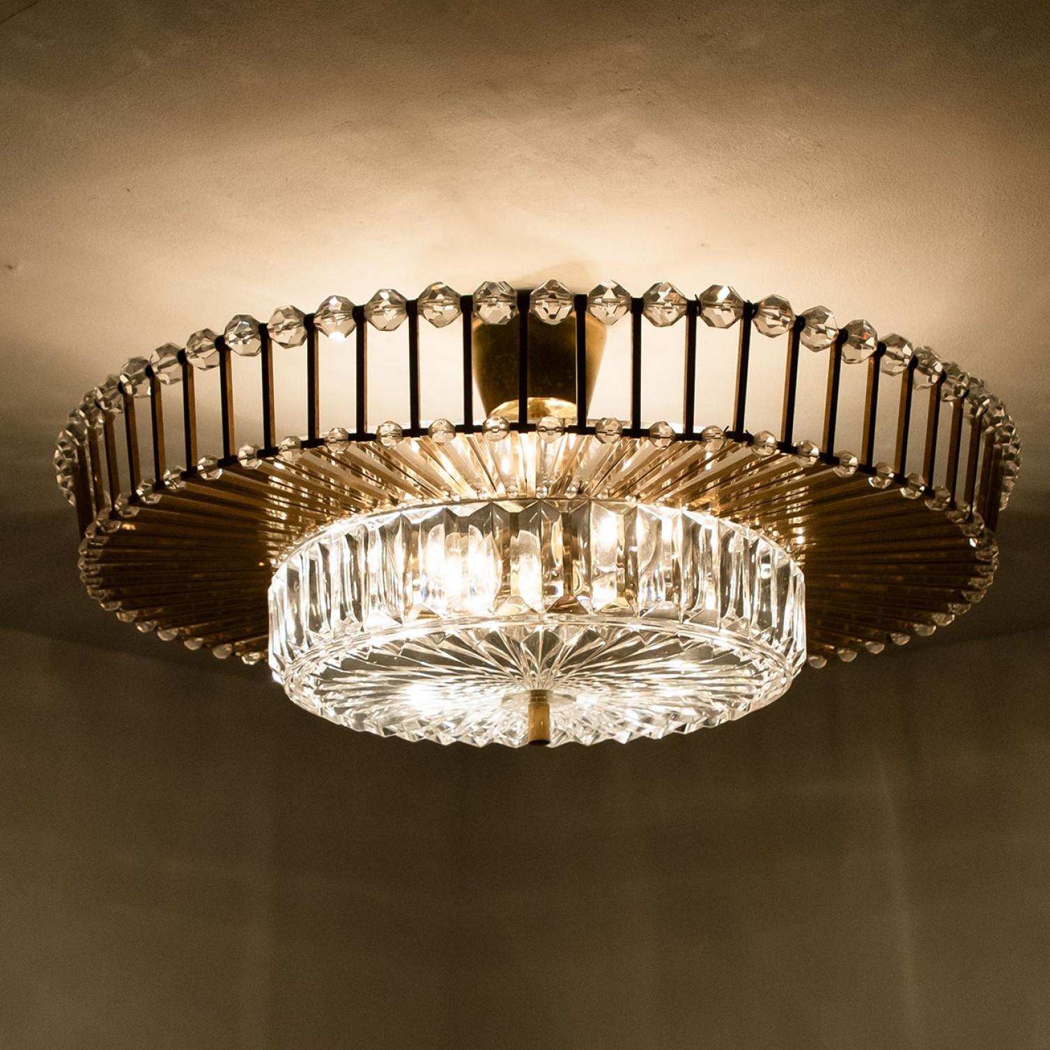 Large Brass and Crystal Flush Mount, Ernst Palme, Germany, 1970s For Sale 9