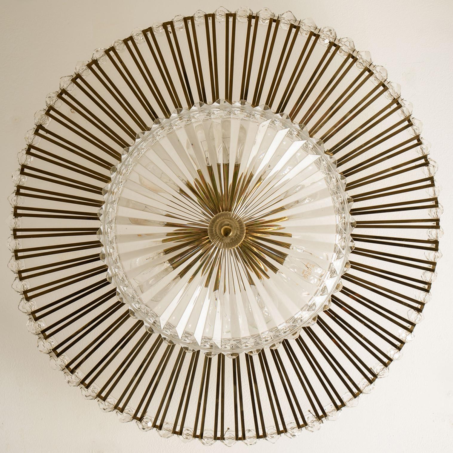 Mid-Century Modern Large Brass and Crystal Flush Mount, Ernst Palme, Germany, 1970s For Sale