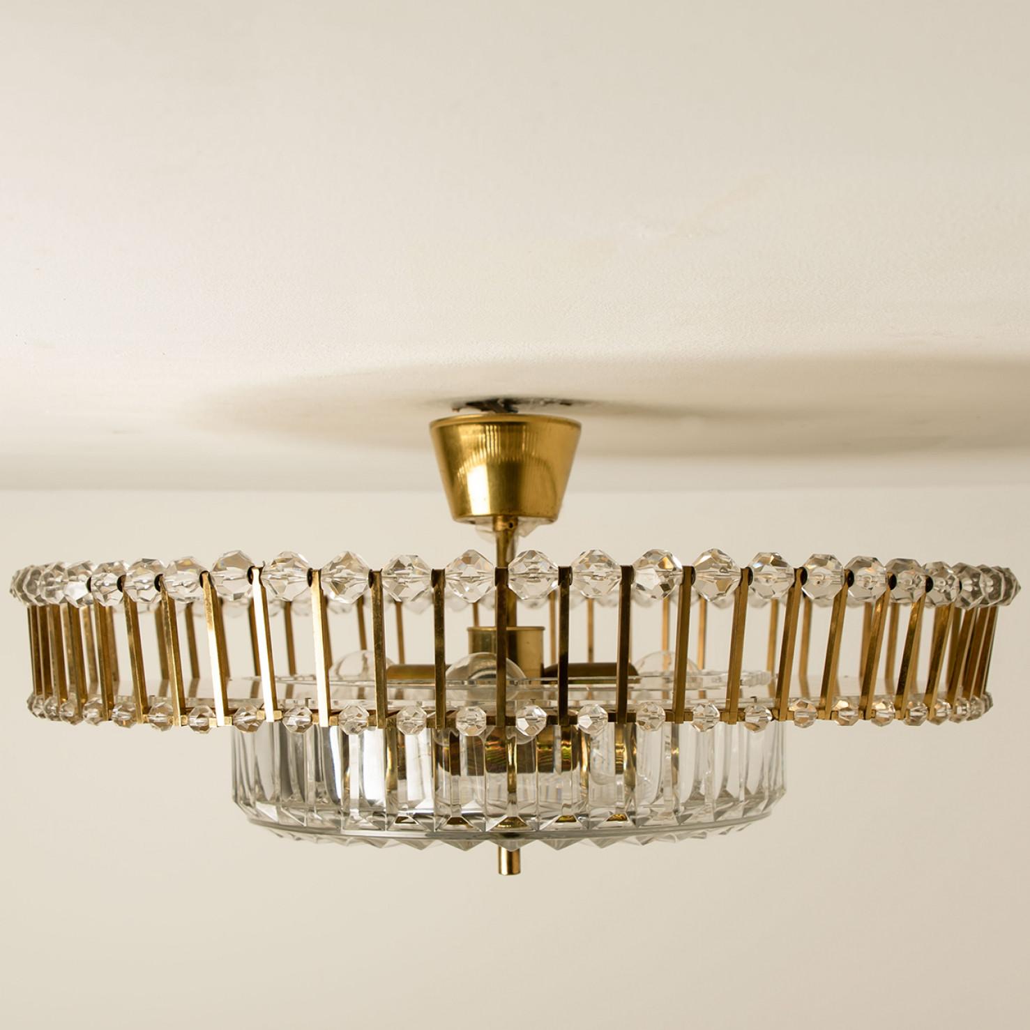 20th Century Large Brass and Crystal Flush Mount, Ernst Palme, Germany, 1970s For Sale