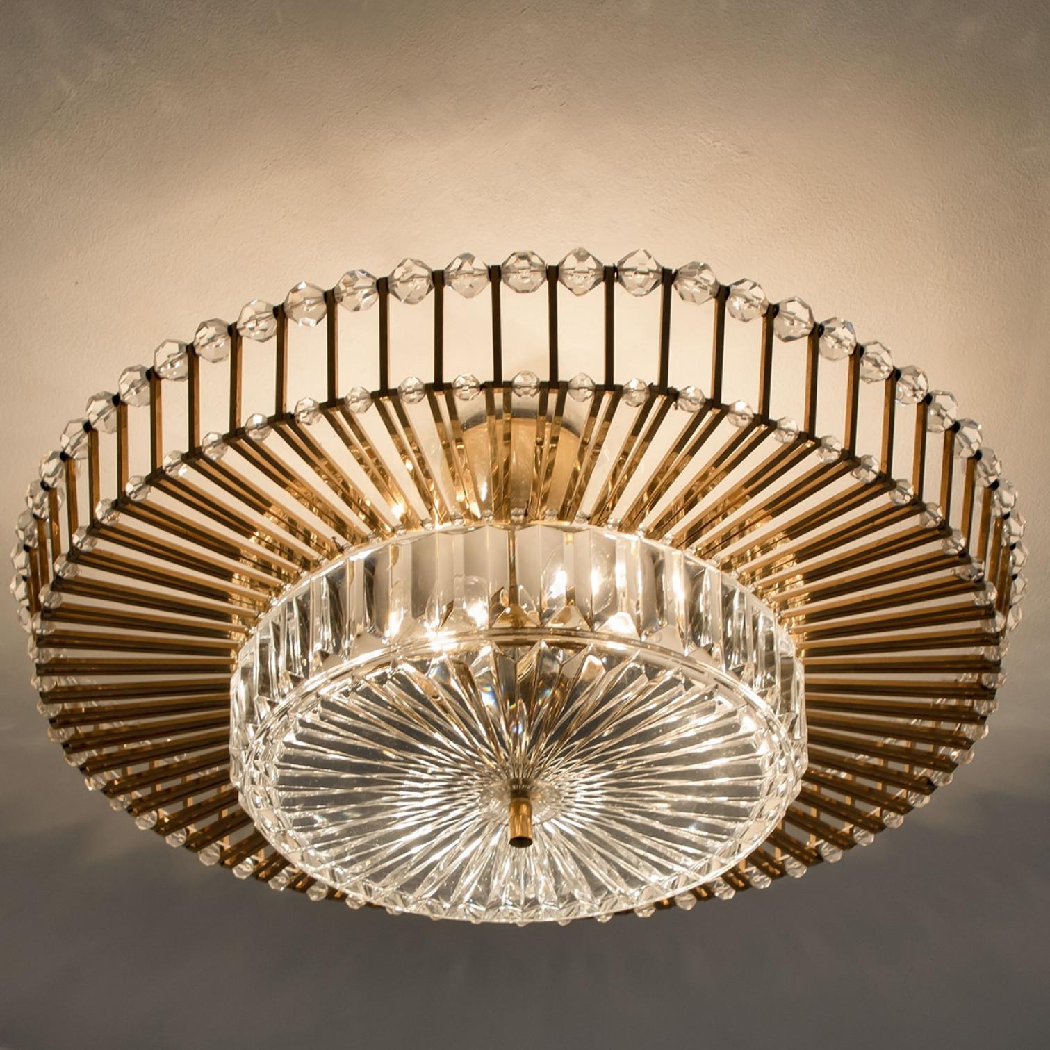 20th Century Large Brass and Crystal Flush Mount, Ernst Palme, Germany, 1970s For Sale