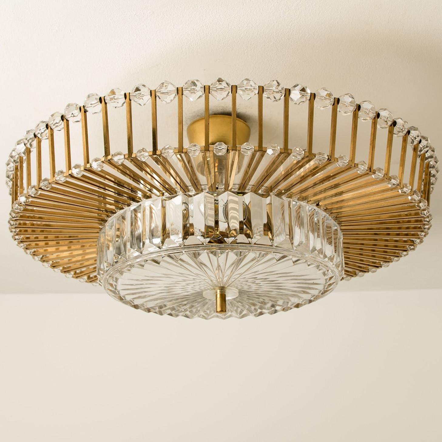 Large Brass and Crystal Flush Mount, Ernst Palme, Germany, 1970s For Sale 2