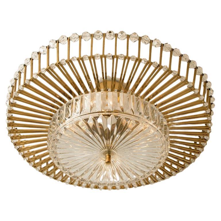 Large Brass and Crystal Flush Mount, Ernst Palme, Germany, 1970s