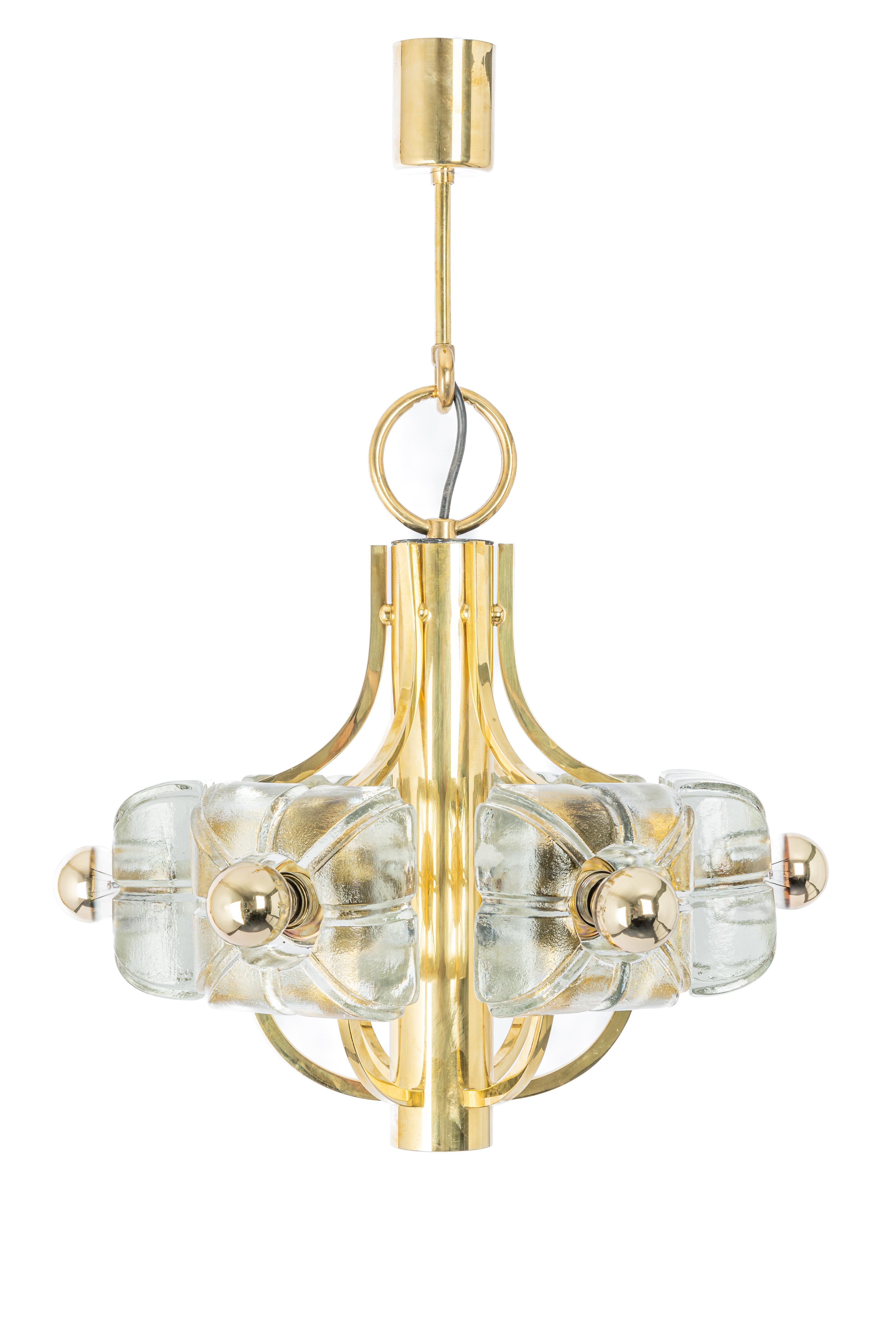 A wonderful large and high-quality gilded chandelier/pendant light fixture by Sische, Germany, 1970s

It is made of a brass frame decorated with 6 crystal glasses.
The lamp takes 6 small base bulbs (max. 40W per bulb).
Light bulbs are not