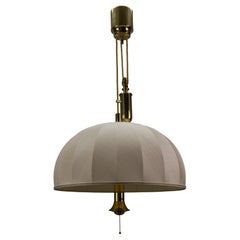 Large Brass and Fabric Lampshade Five-Light Adjustable Height Pendant Lamp