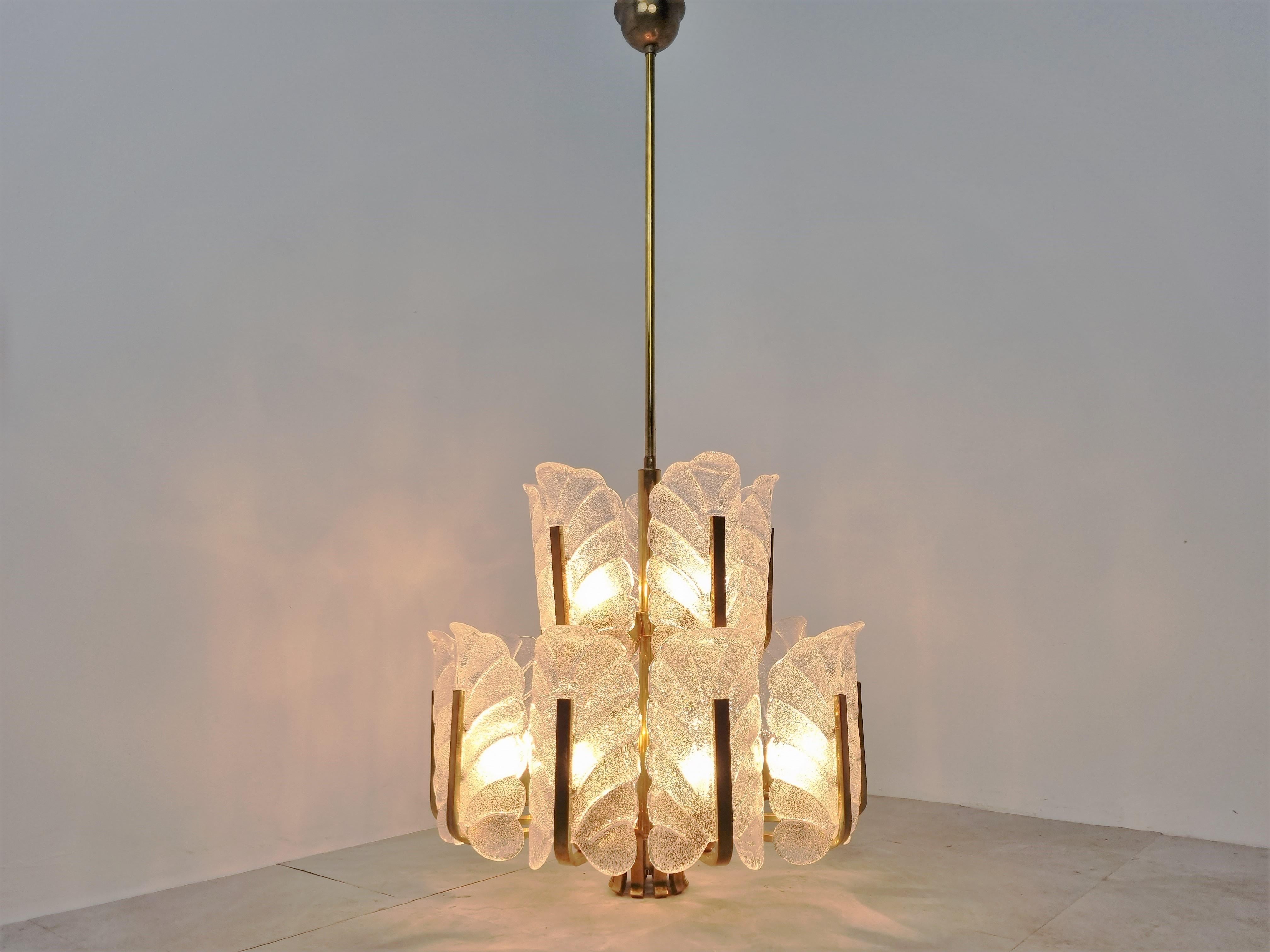 Scandinavian Modern Large Brass and Glass Chandelier by Carl Fagerlund for Orrefors, 1960s