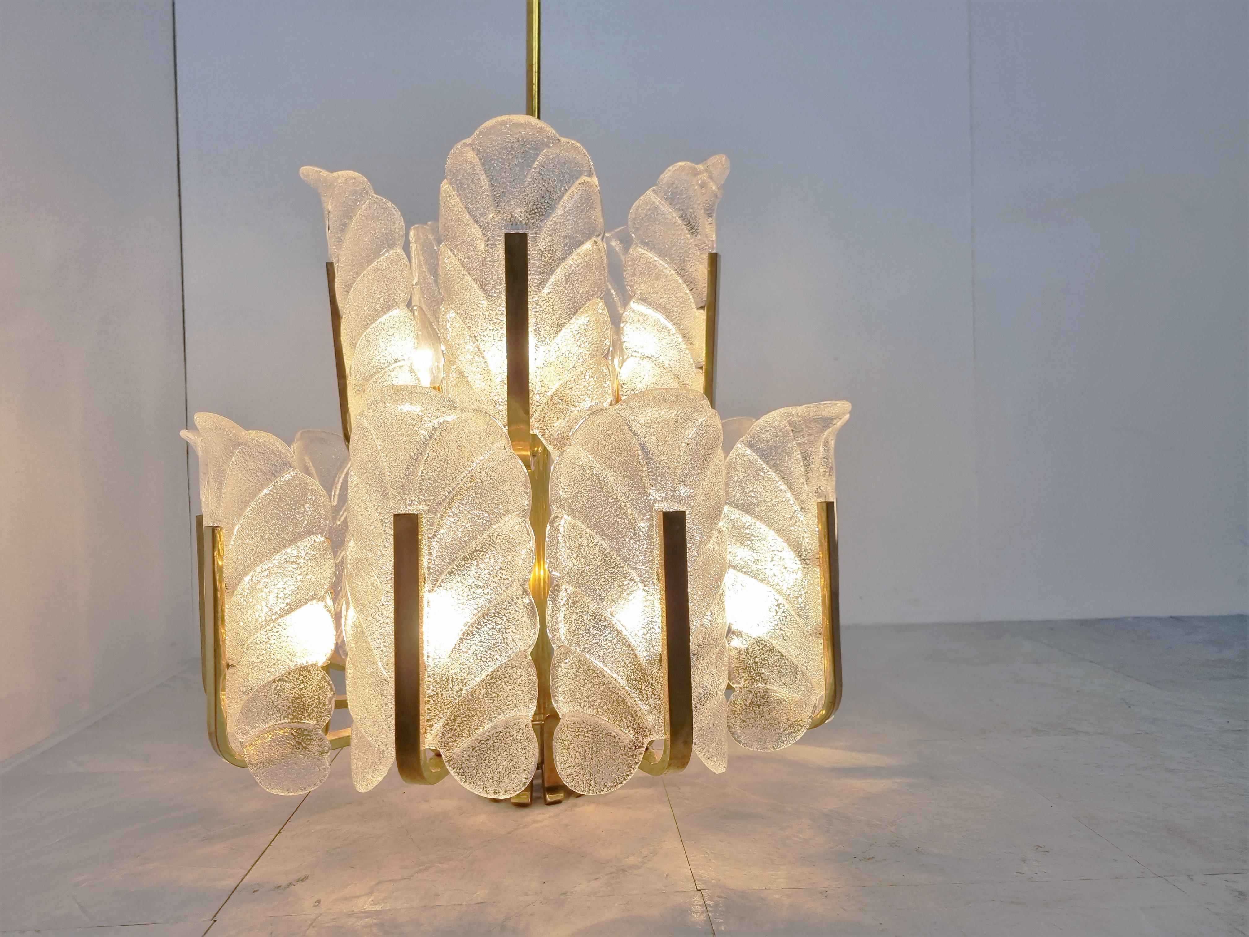 Swedish Large Brass and Glass Chandelier by Carl Fagerlund for Orrefors, 1960s