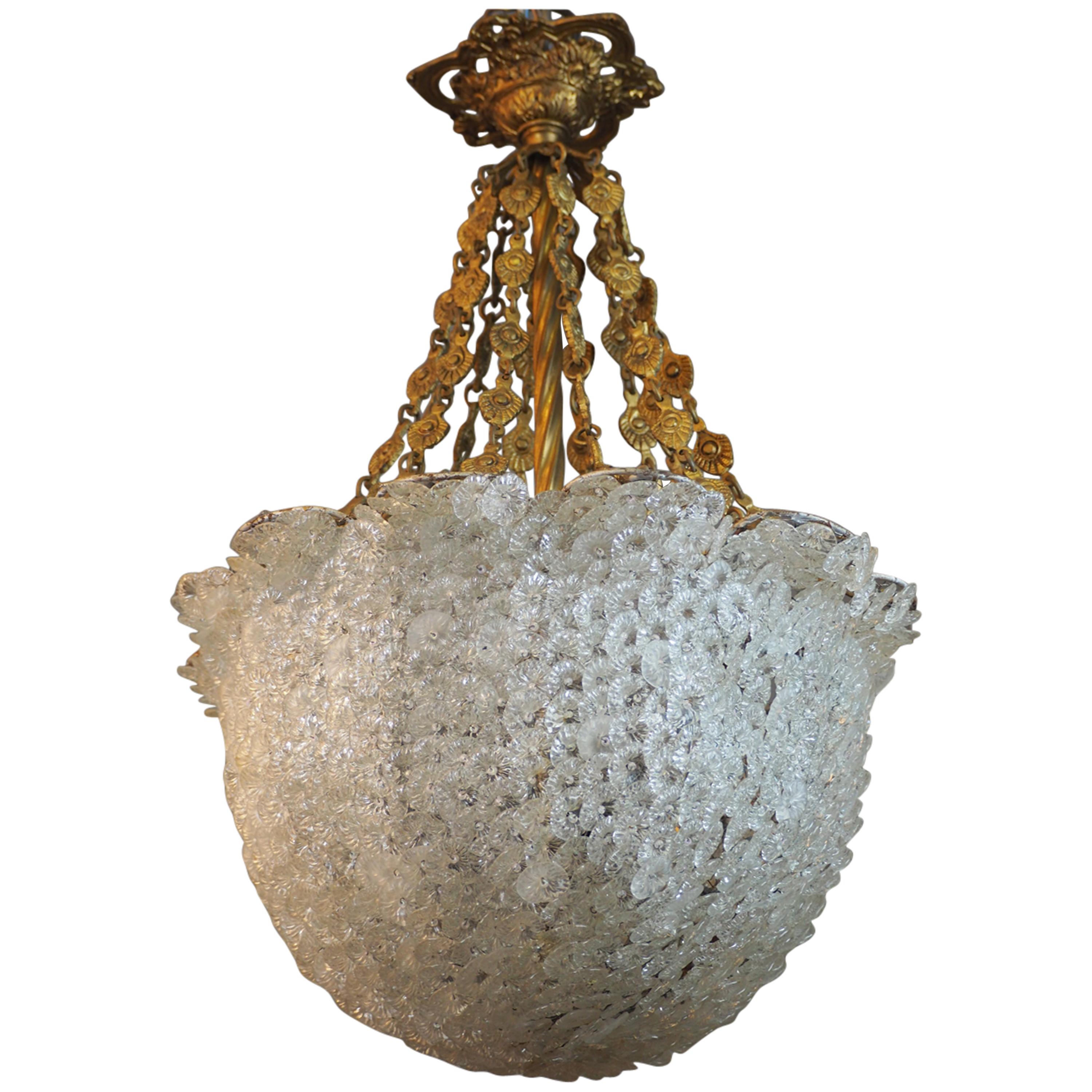Wonderful large three-light bowl shaped chandelier , Italy, circa 1930s.
This beautiful fixture is handcrafted of hundreds of venetian crystal flowers  supported by antique bronzed chain.
Socket: 3 x Edison (e27) for standard screw bulbs.
The