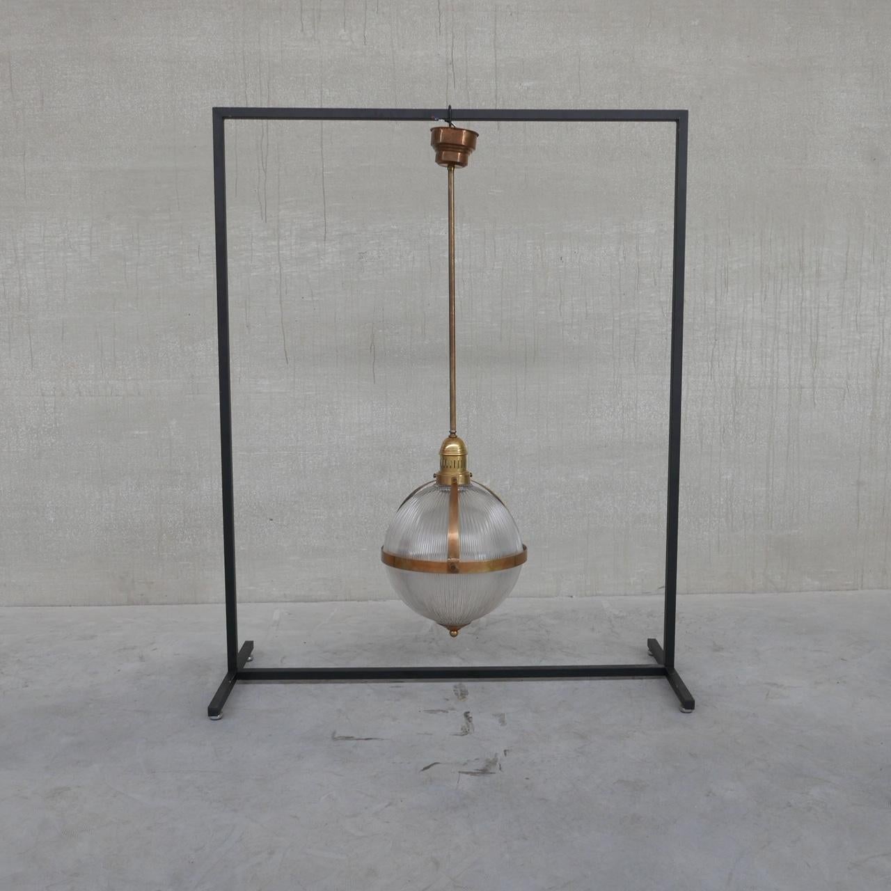 French Large Brass and Glass Holophane Style Mid-Century Pendant Light