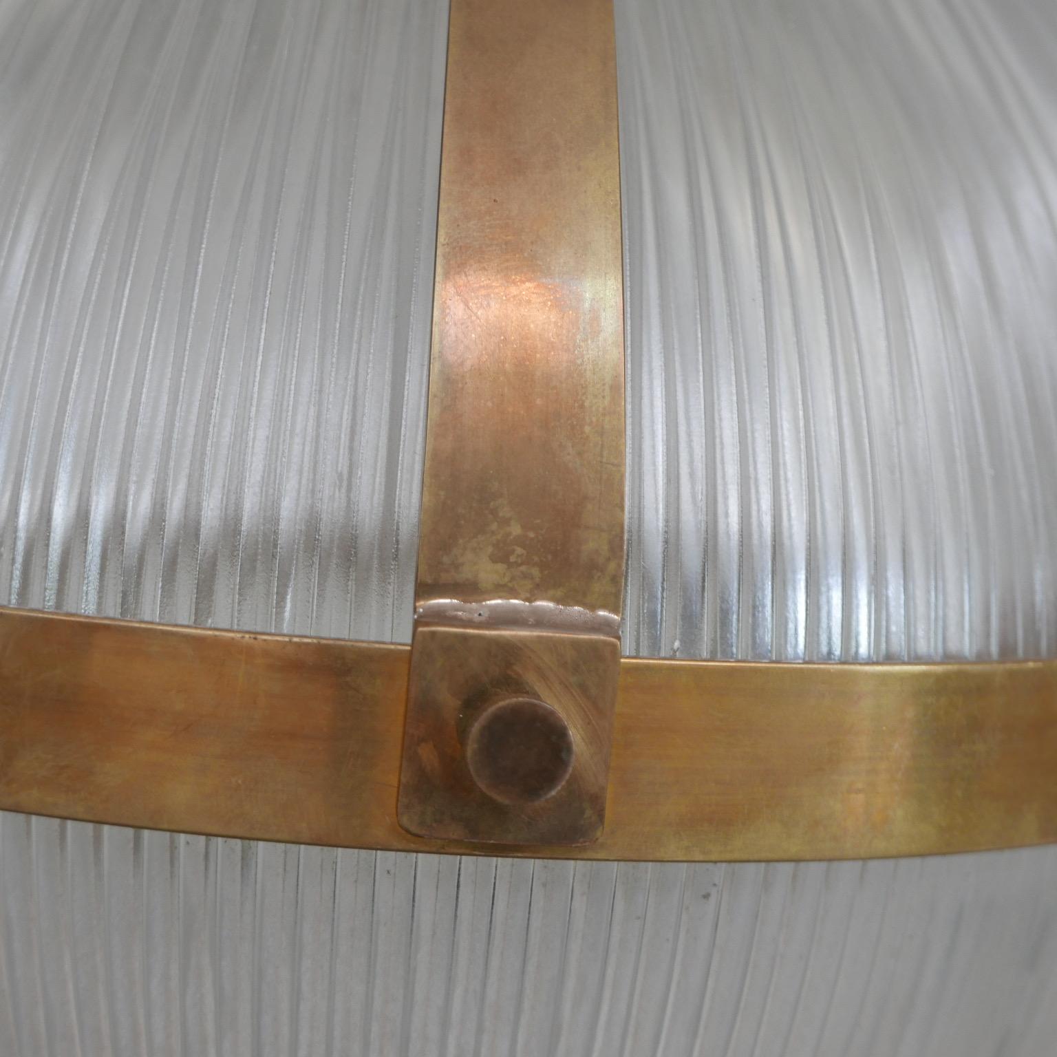 Large Brass and Glass Holophane Style Mid-Century Pendant Light 1