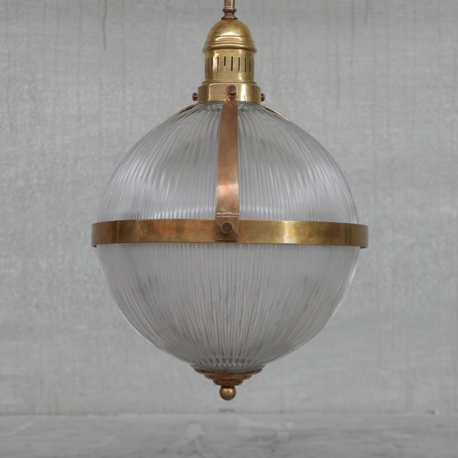 Large Brass and Glass Holophane Style Mid-Century Pendant Light 3