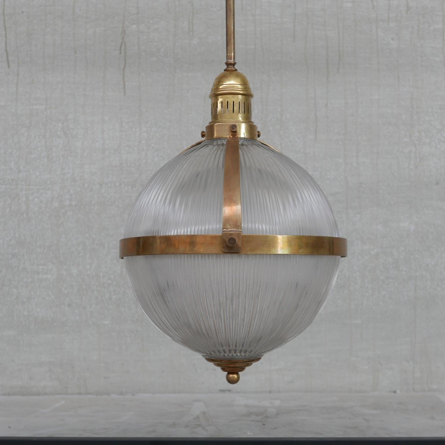 Large Brass and Glass Holophane Style Mid-Century Pendant Light 4