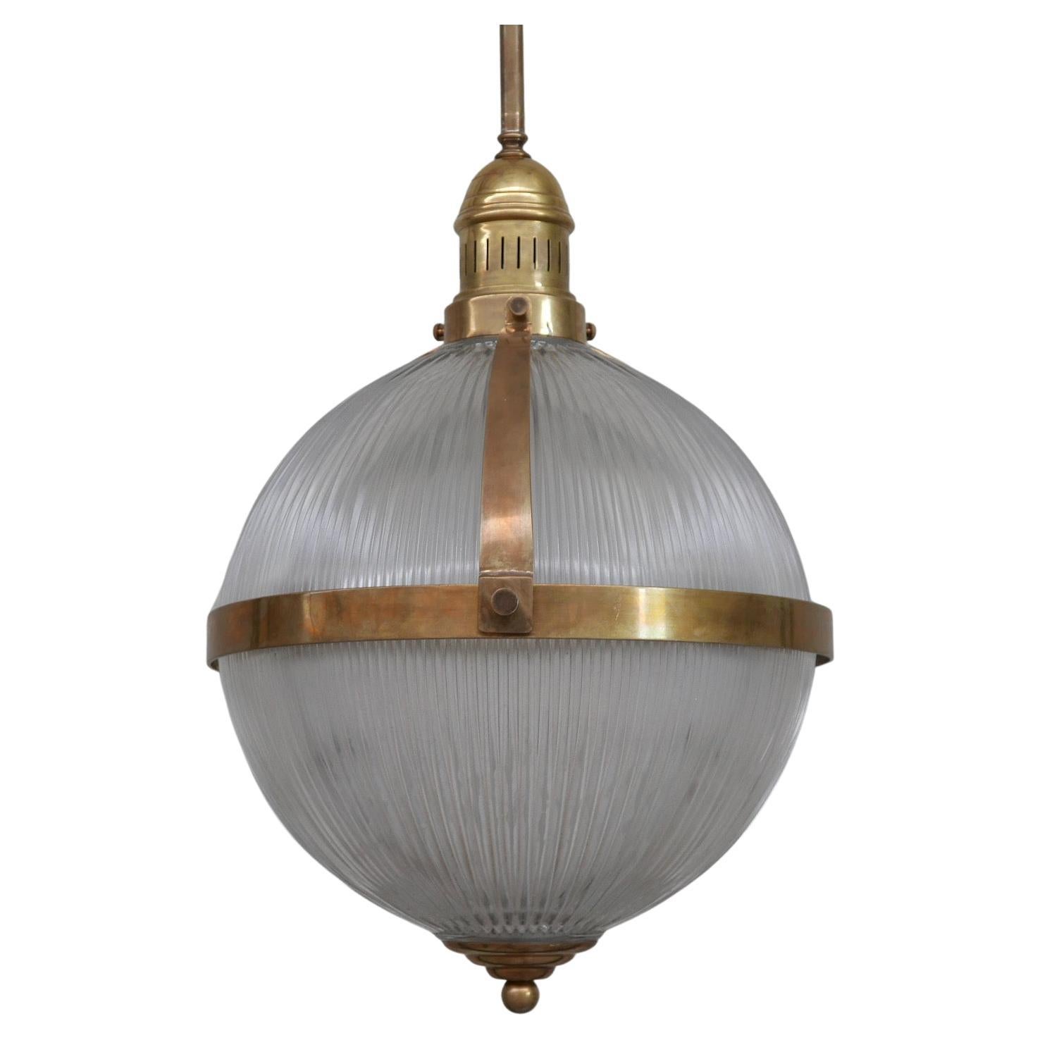 Large Brass and Glass Holophane Style Mid-Century Pendant Light