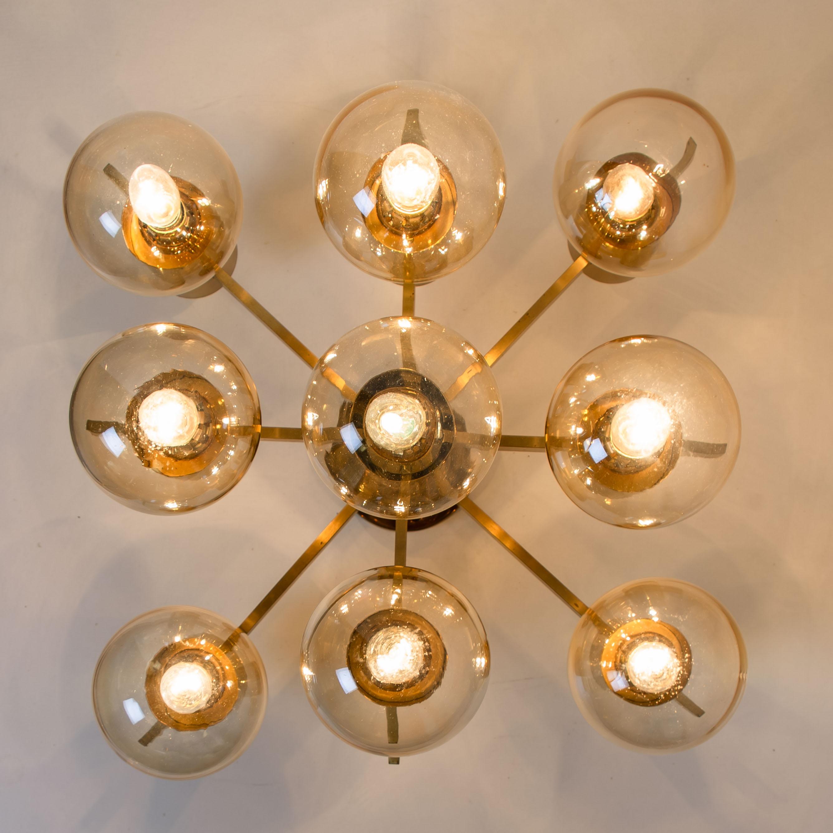 Large Brass and Glass Light Fixture in the Style of Jacobsson, 1960s In Good Condition For Sale In Rijssen, NL