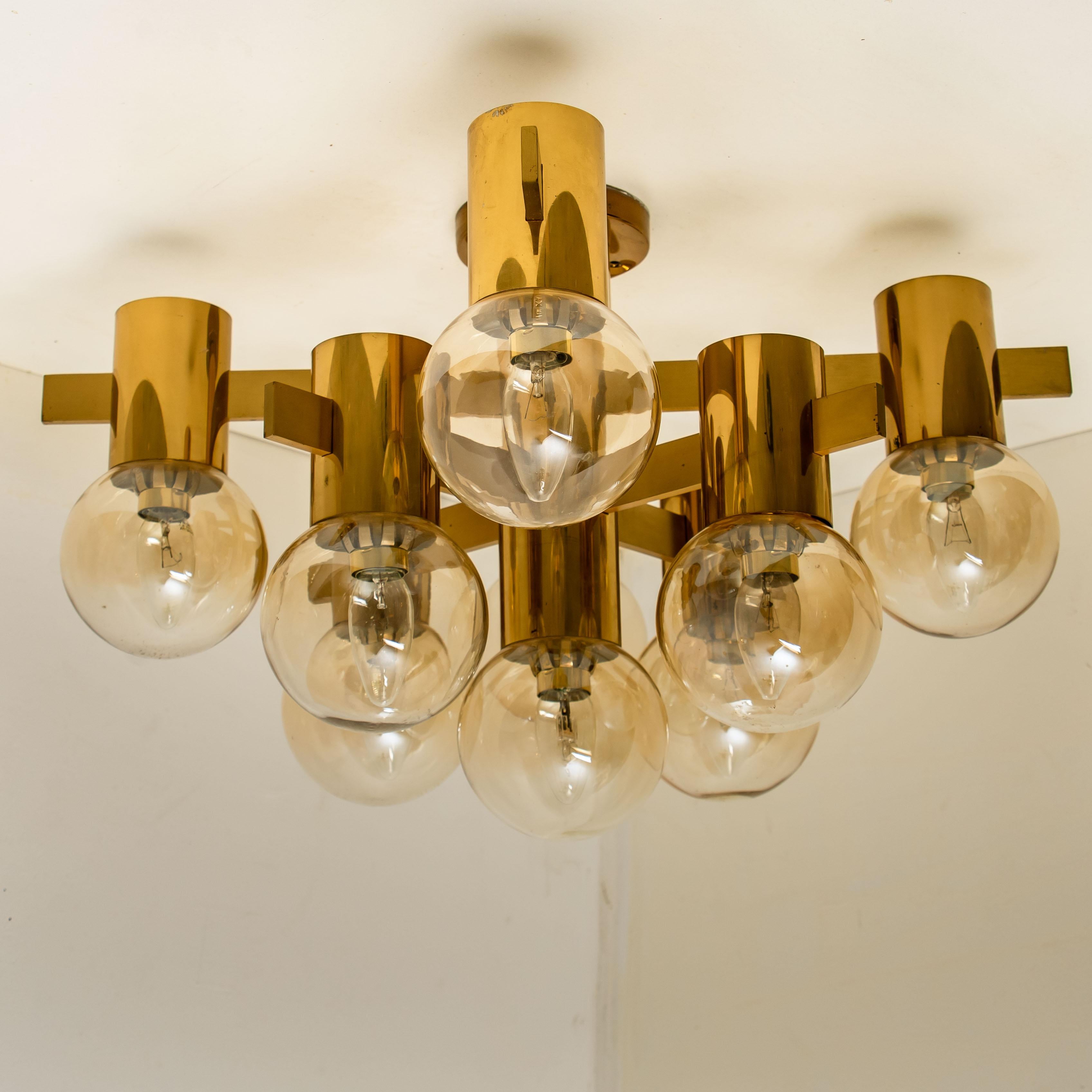 Metal Large Brass and Glass Light Fixture in the Style of Jacobsson, 1960s For Sale