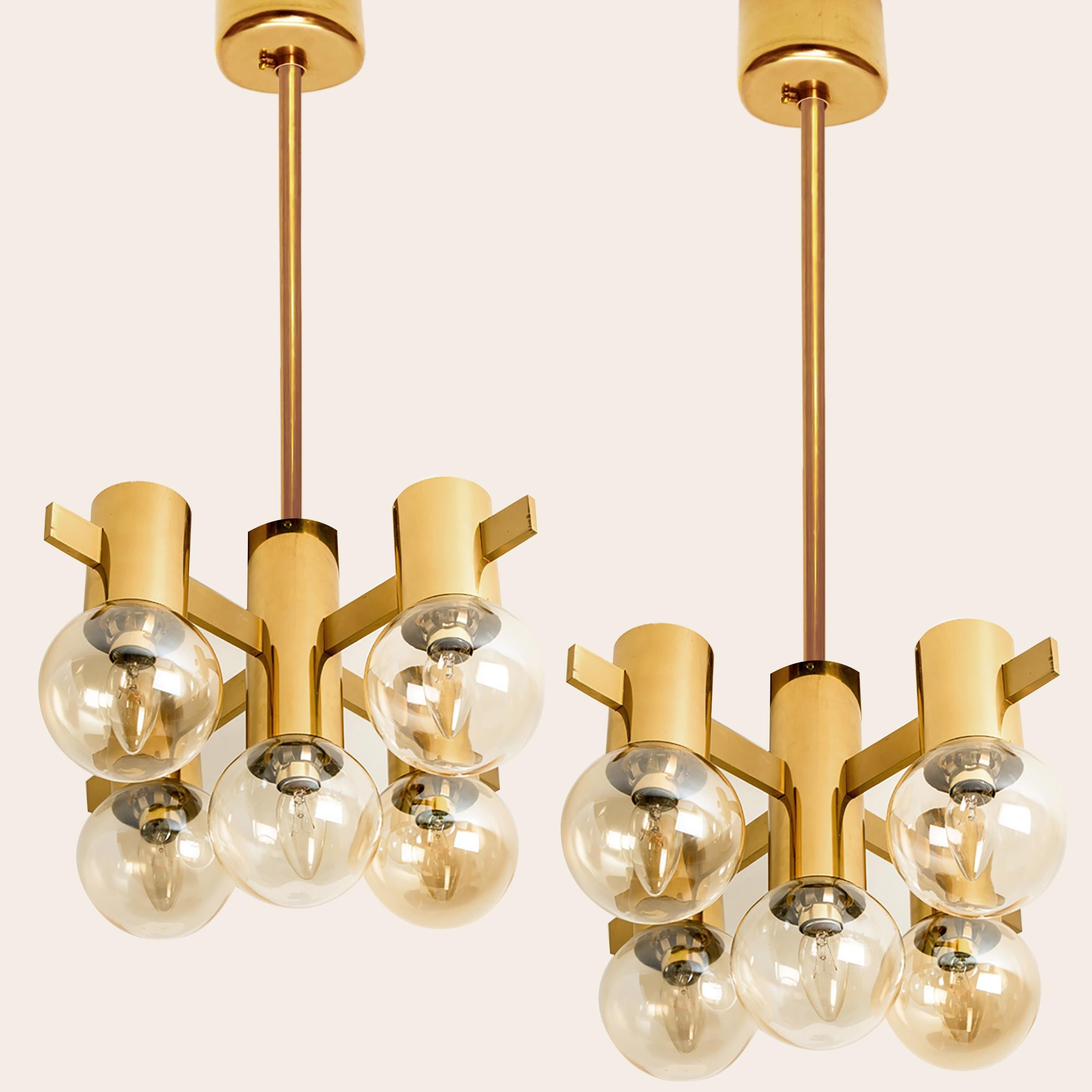 Large Brass and Glass Light Fixture in the Style of Jacobsson, 1960s For Sale 1
