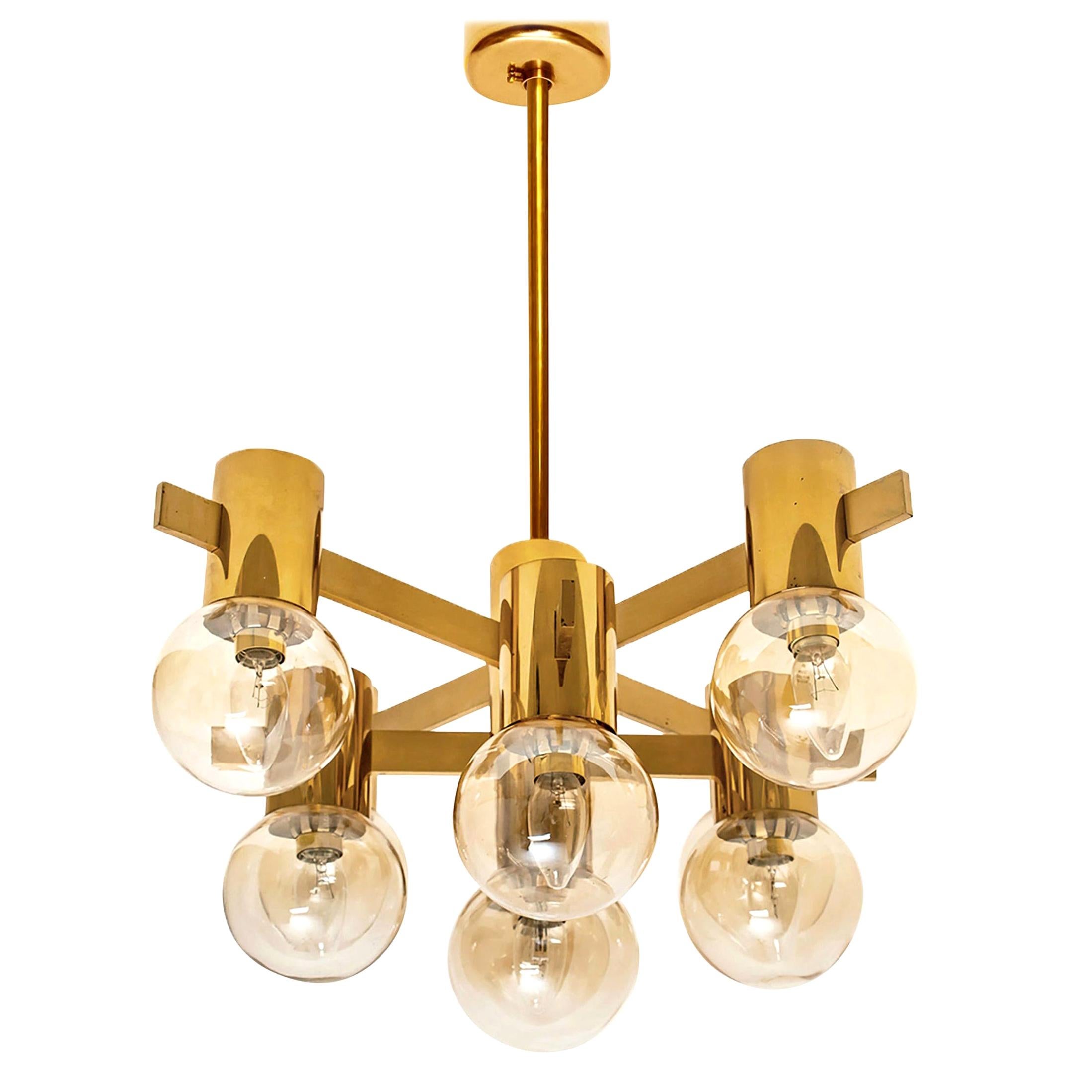 Large Brass and Glass Light Fixture in the Style of Jacobsson, 1960s