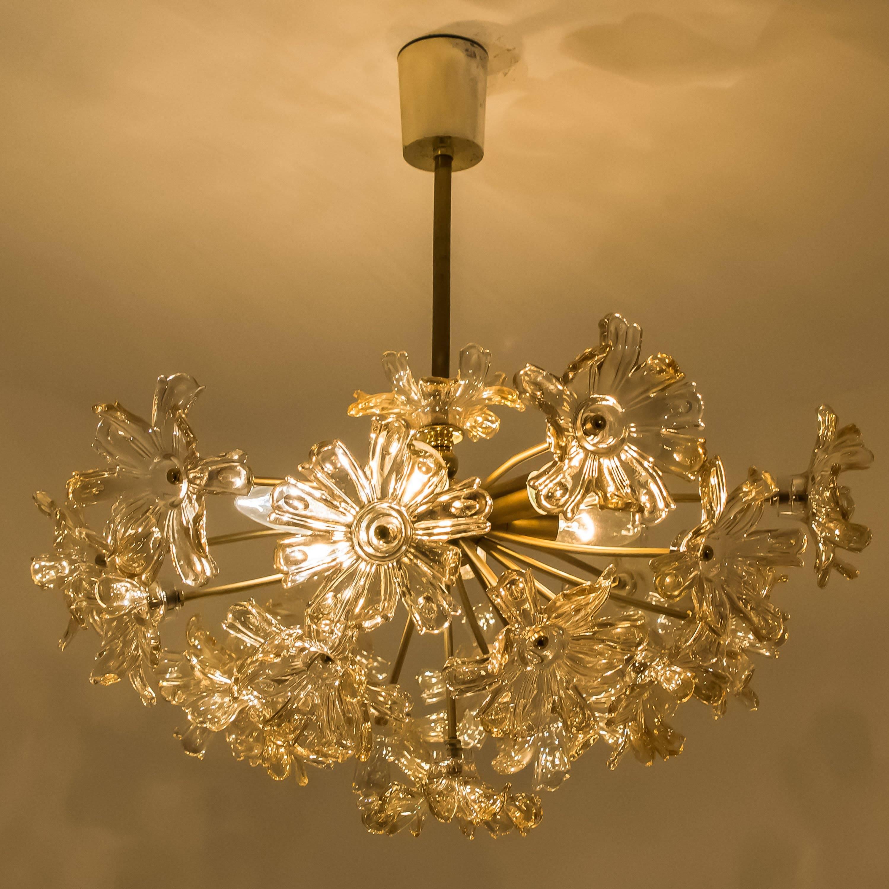 Beautiful hand blows clear glass flower chandelier with brass frame in style of Venini, Italy, circa 1960s. Illuminates beautifully.

Measures: Diameter in (53 cm), height body without chain in (33 cm) / includes chain and canopy inch (60 cm). The
