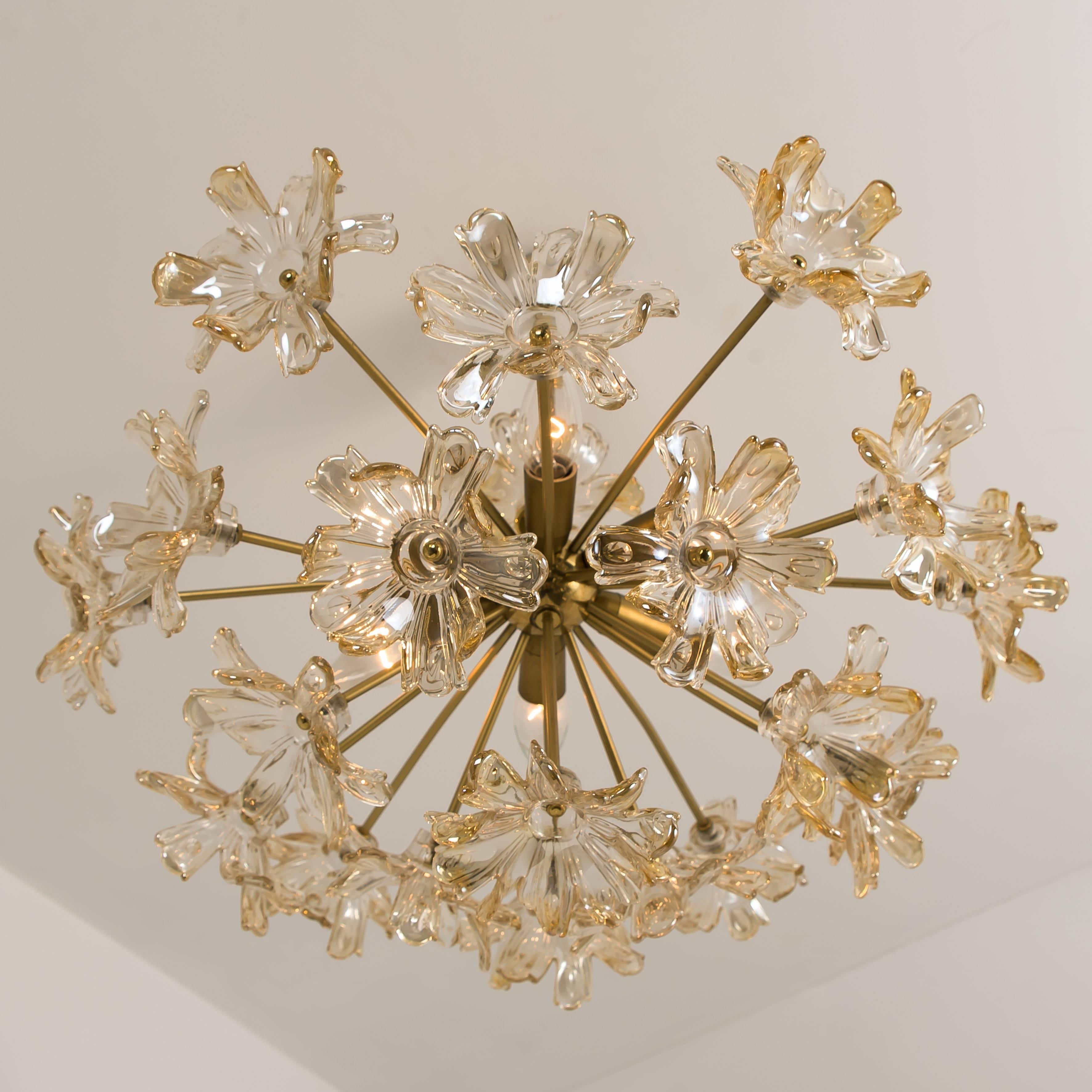 Mid-Century Modern Large Brass and Glass Murano Flower Chandelier, Italy, 1970 For Sale