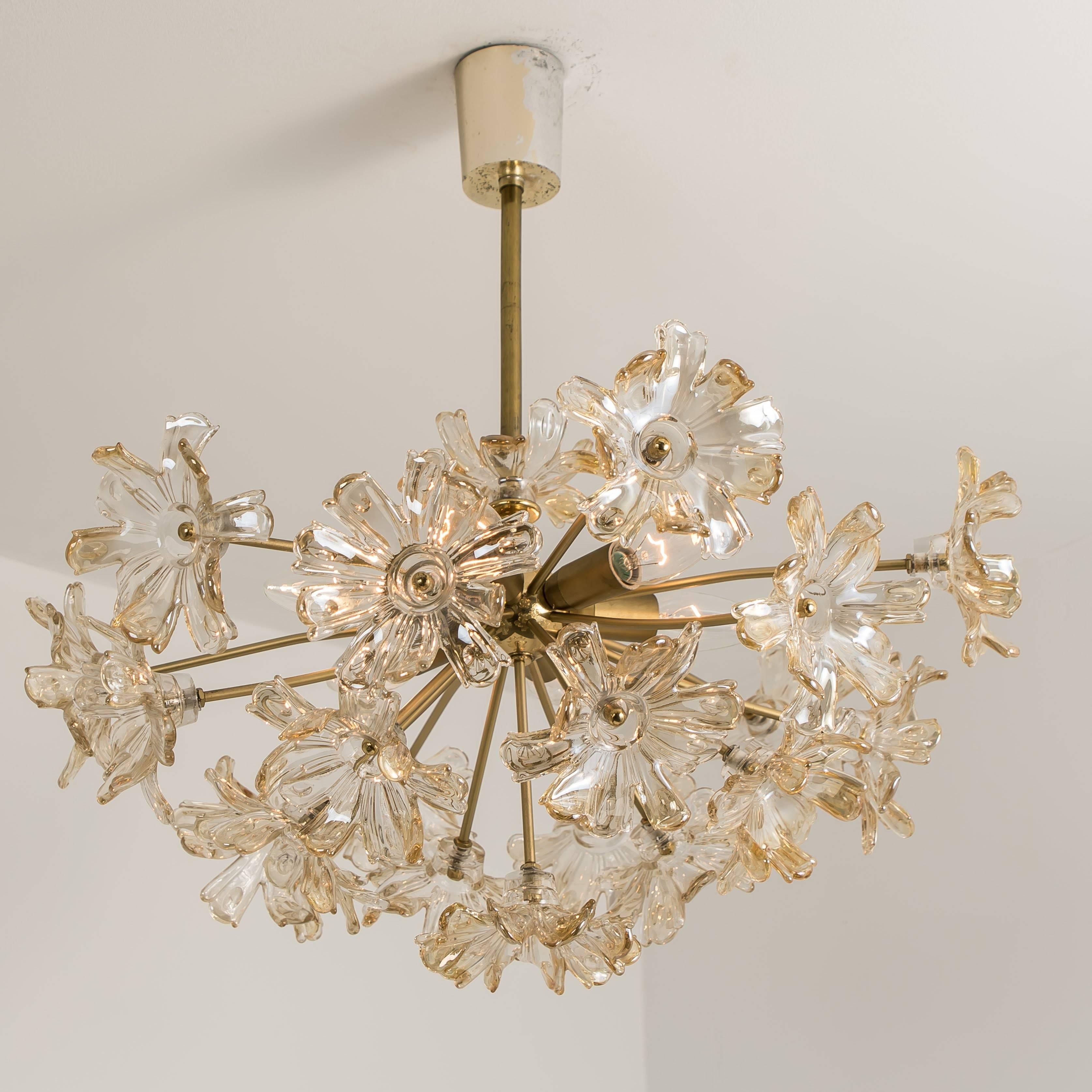 Italian Large Brass and Glass Murano Flower Chandelier, Italy, 1970 For Sale