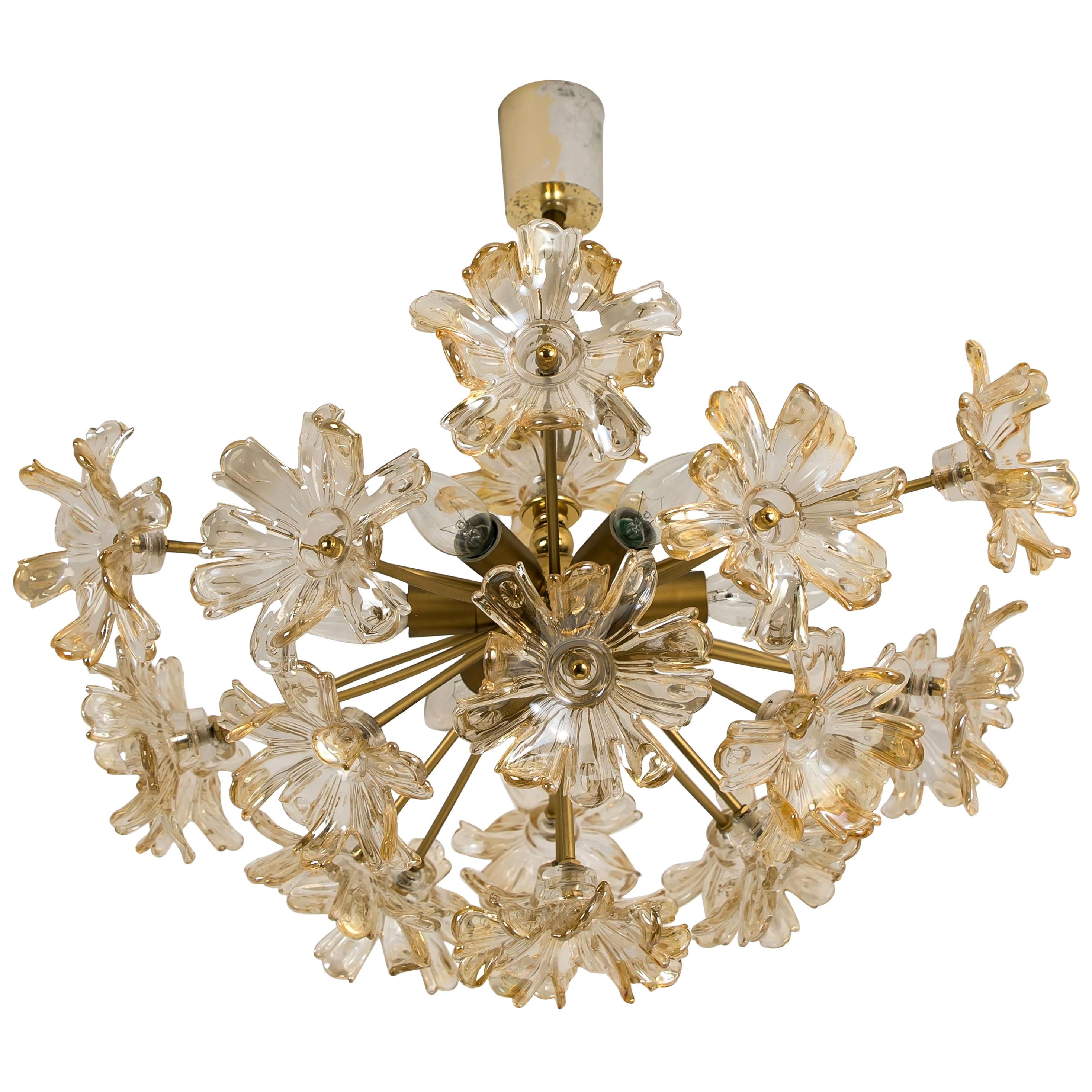 Large Brass and Glass Murano Flower Chandelier, Italy, 1970