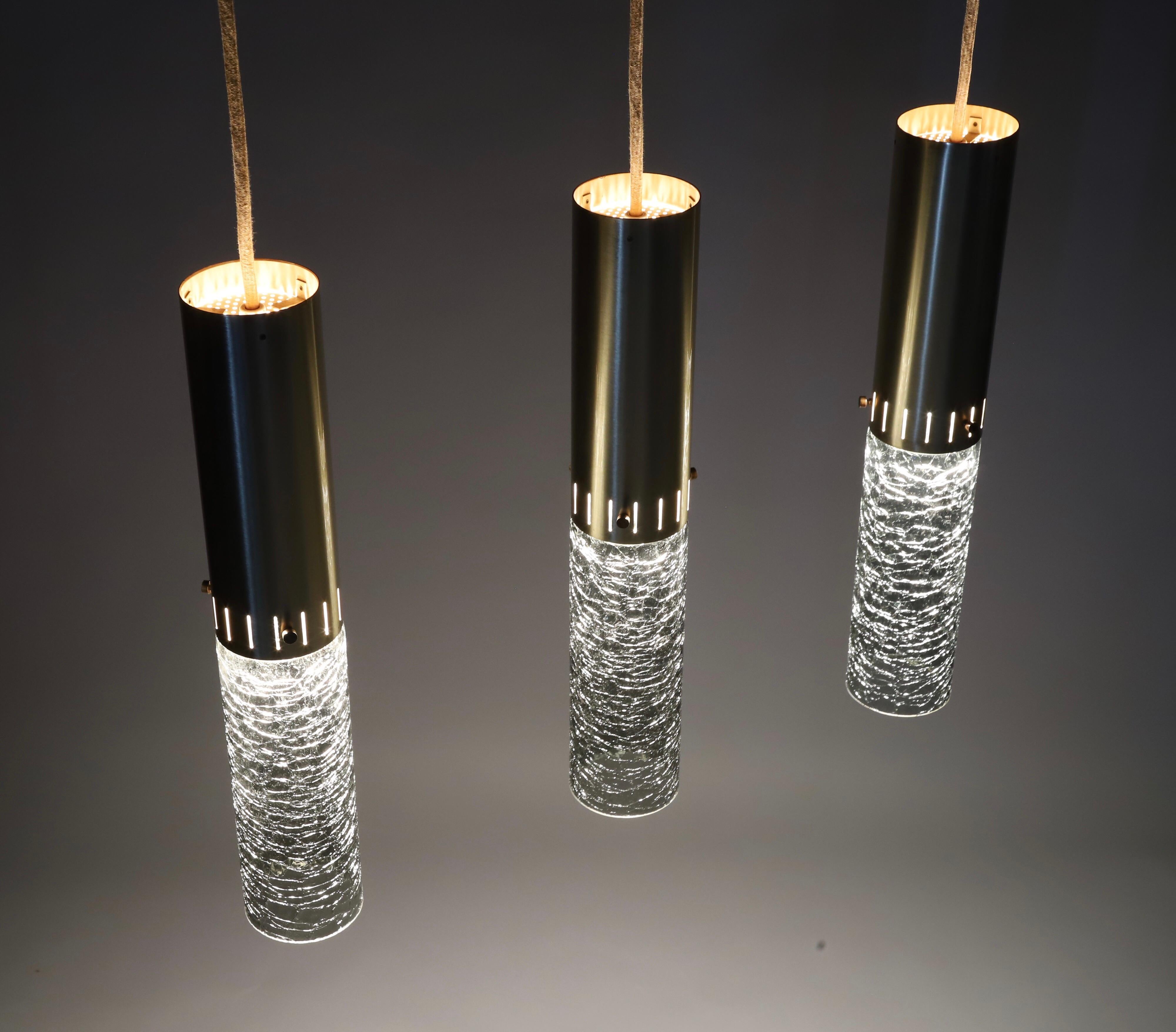 Large Brass and Glass Pendant Lights by Moe Lighting In Good Condition In Oklahoma City, OK