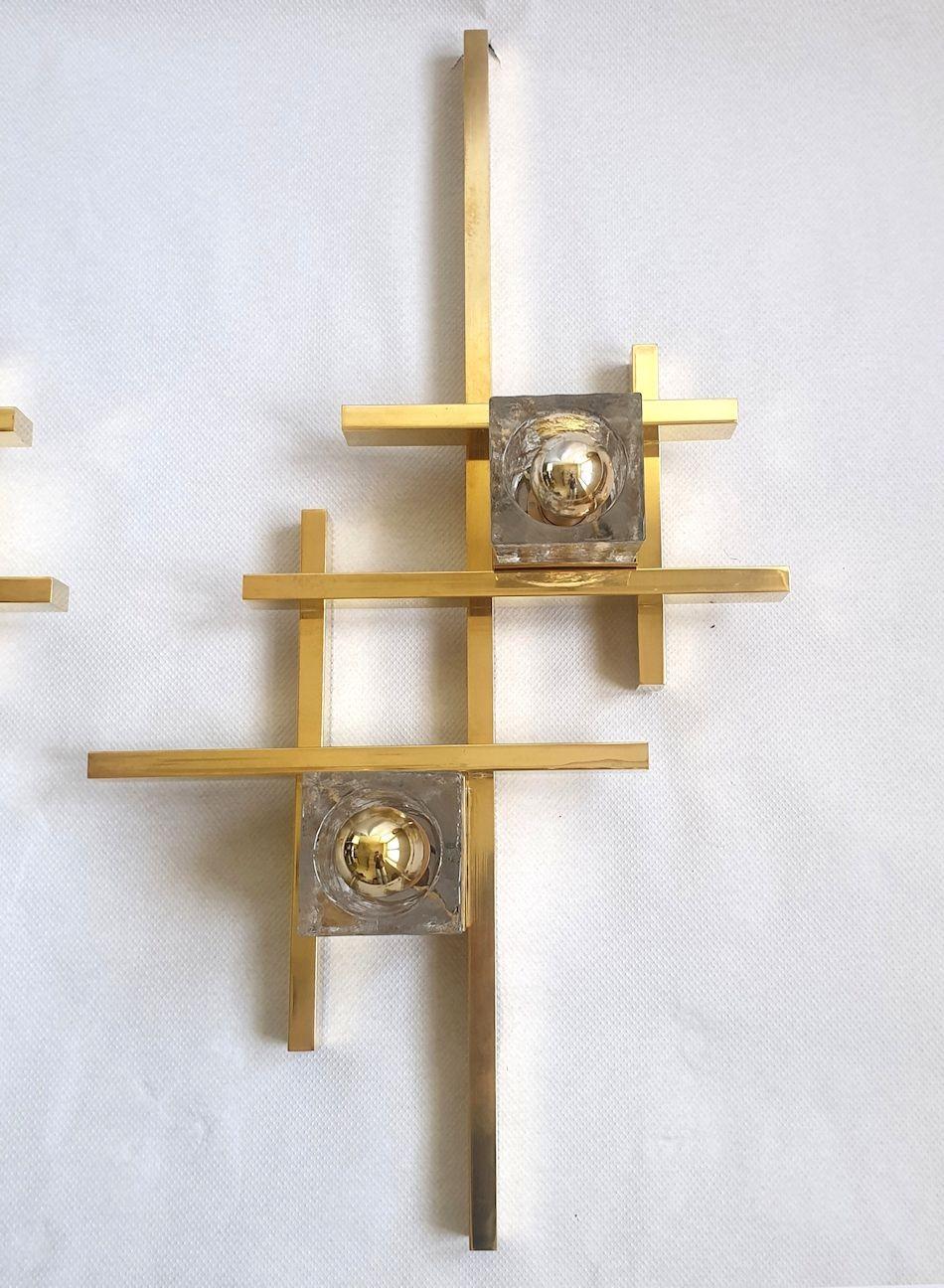 Late 20th Century Mid Century Modern Brass and Glass Large Sconces, Sciolari Style, a Pair