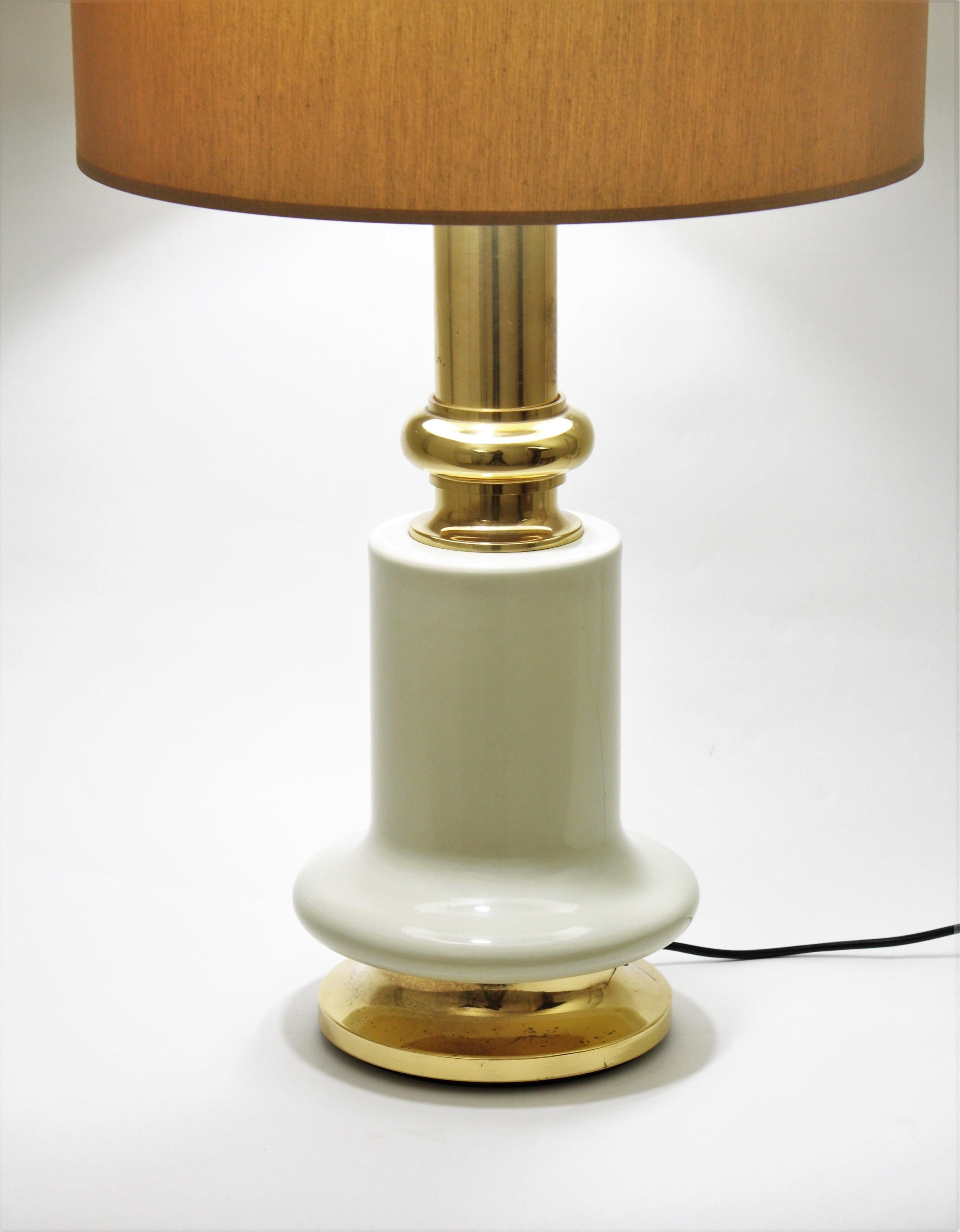 Mid-Century Modern Large Brass and Ivory Lacquer Table Lamp, Spain, 1960s For Sale