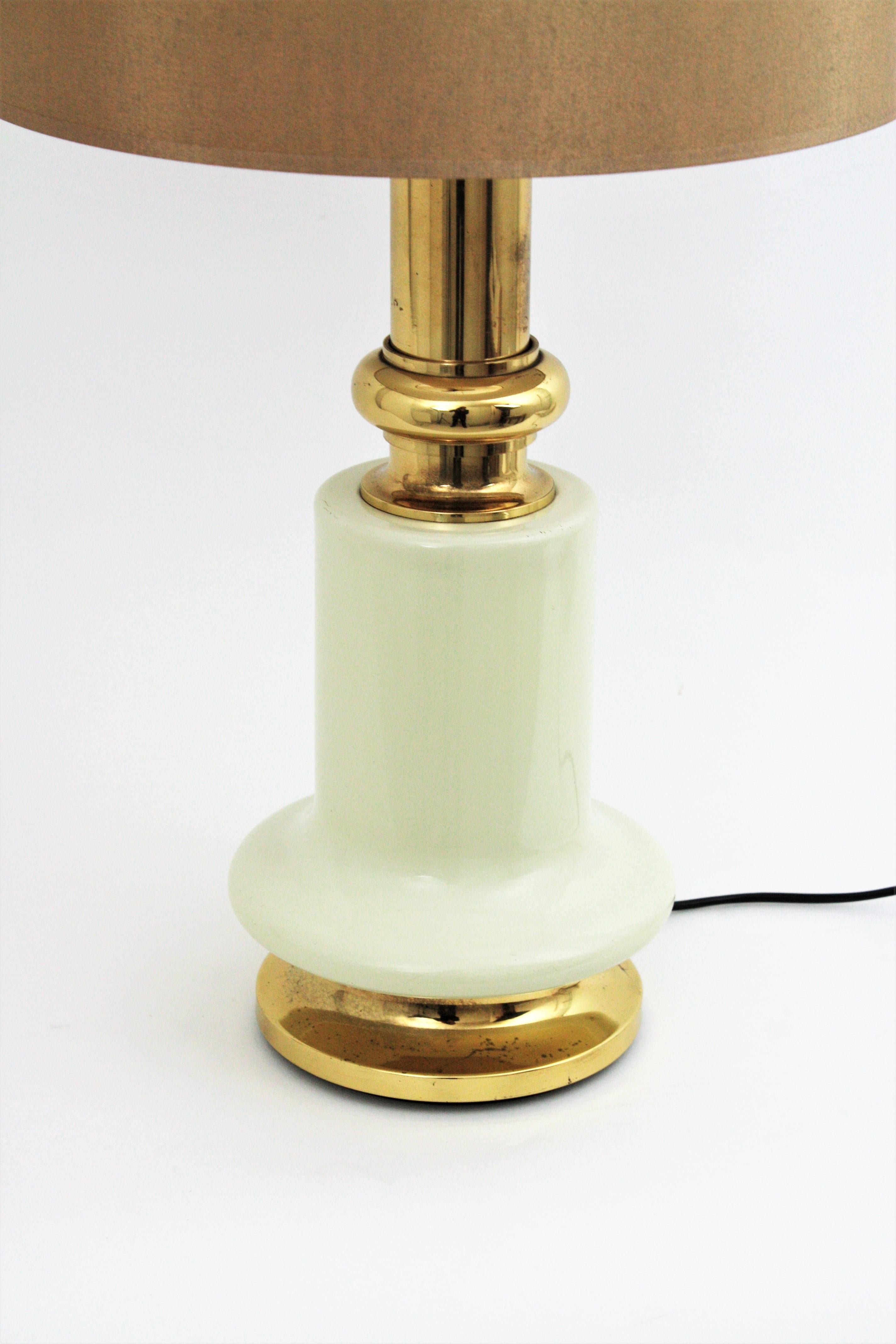 Spanish Large Brass and Ivory Lacquer Table Lamp, Spain, 1960s For Sale