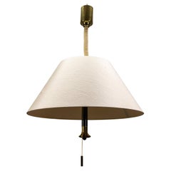 Large Brass and Light Beige Lampshade Five-Light Adjustable Height Pendant Lamp