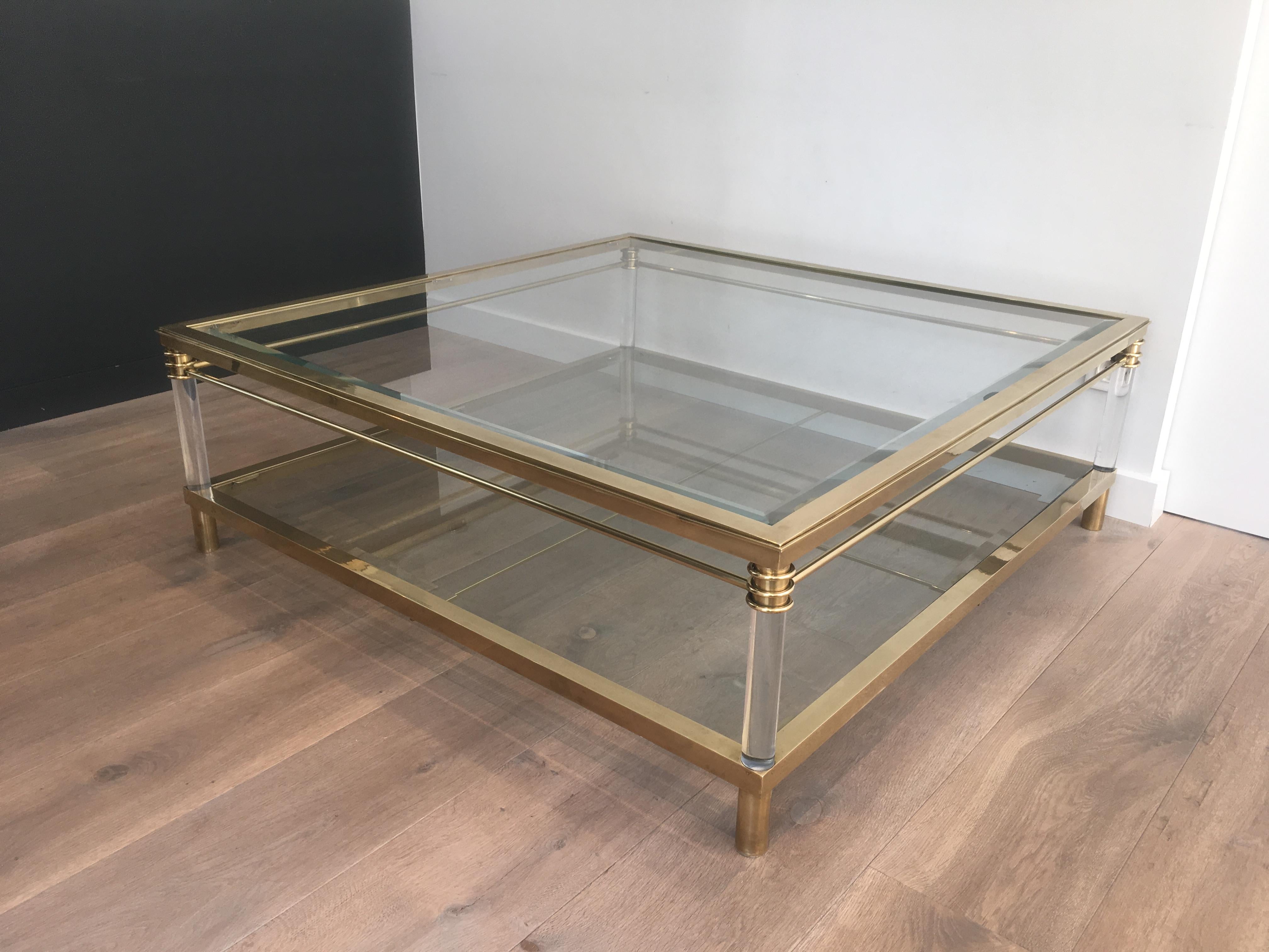 Large Brass and Lucite Square Coffee Table 9