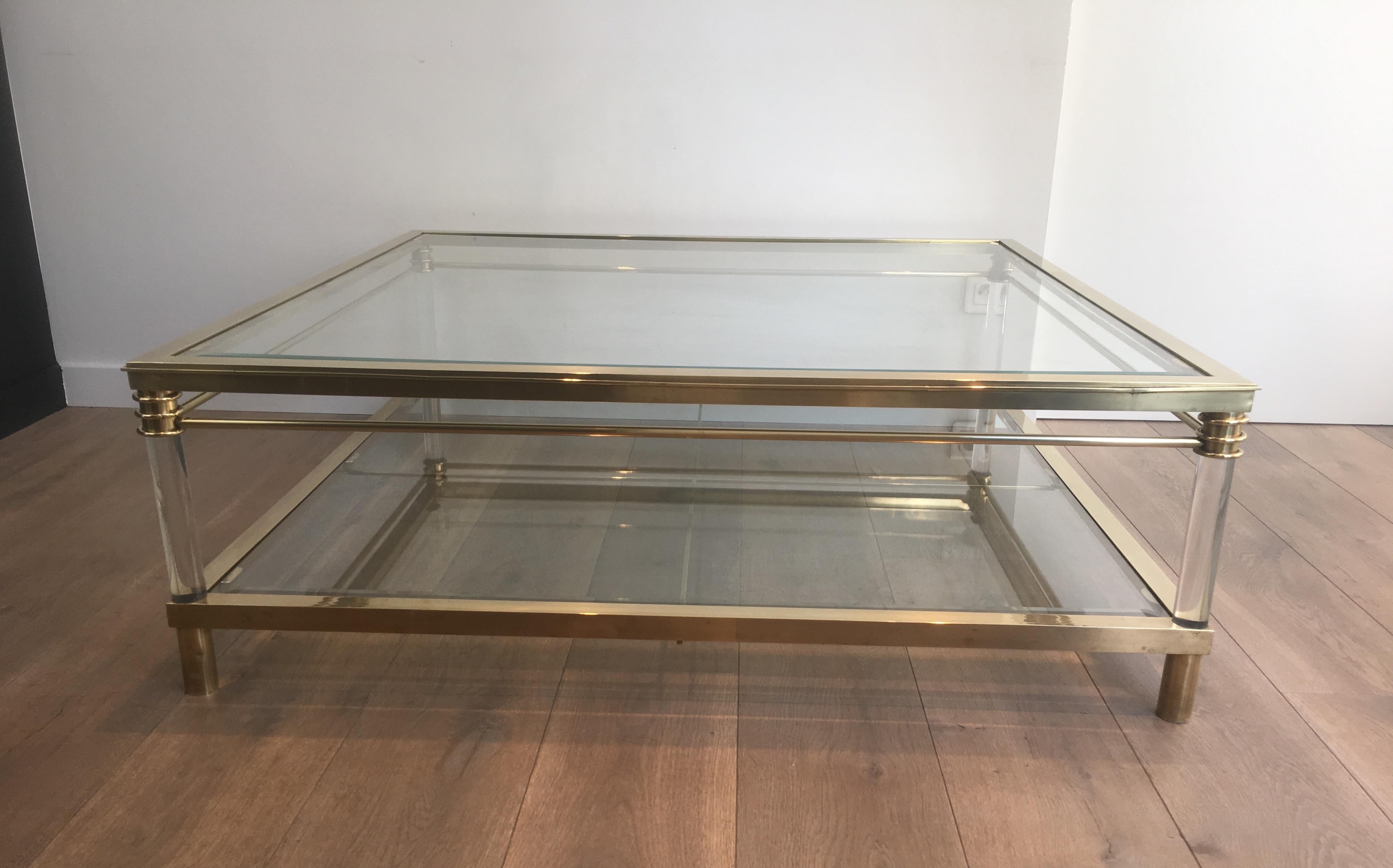 Mid-Century Modern Large Brass and Lucite Square Coffee Table