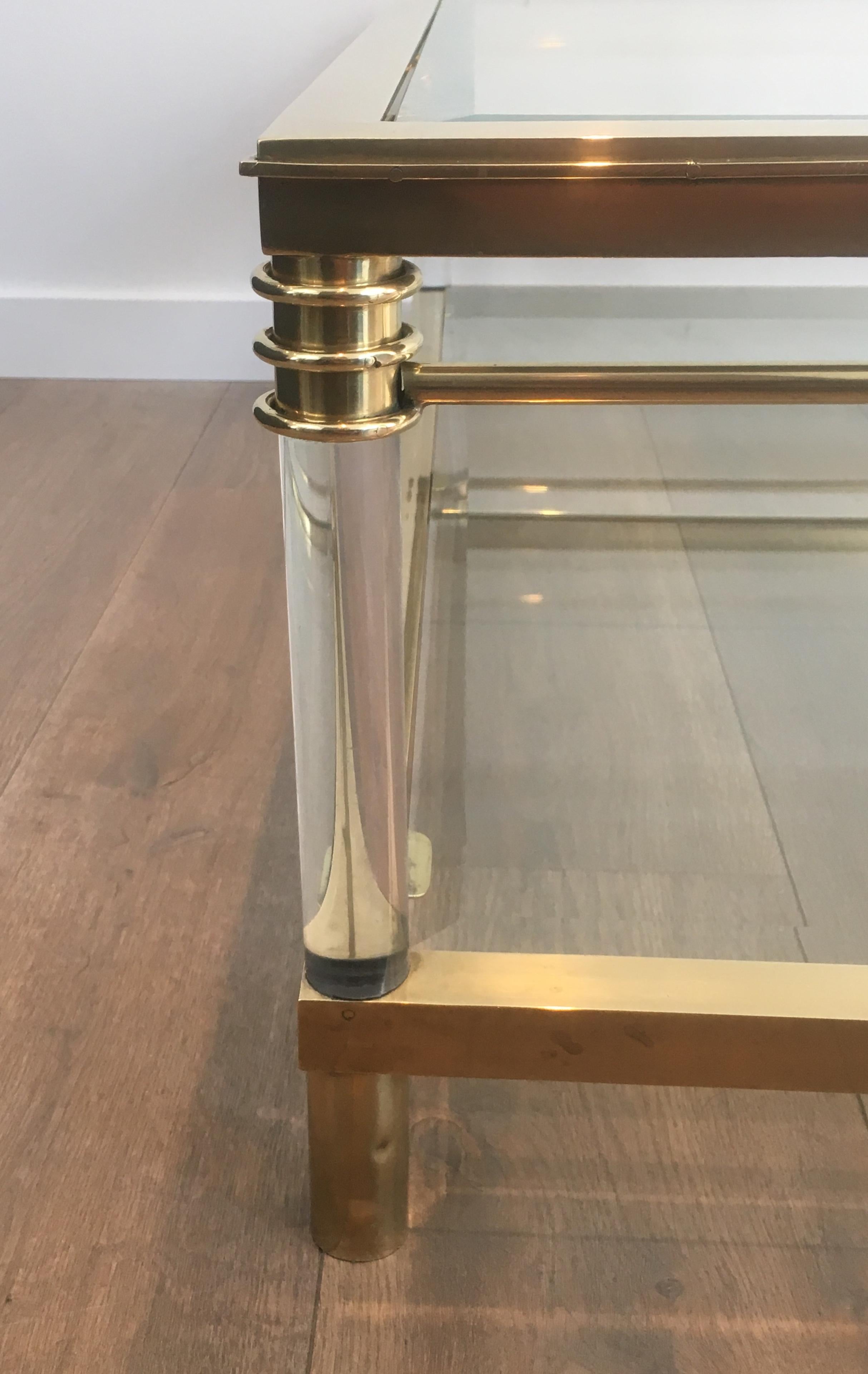 French Large Brass and Lucite Square Coffee Table
