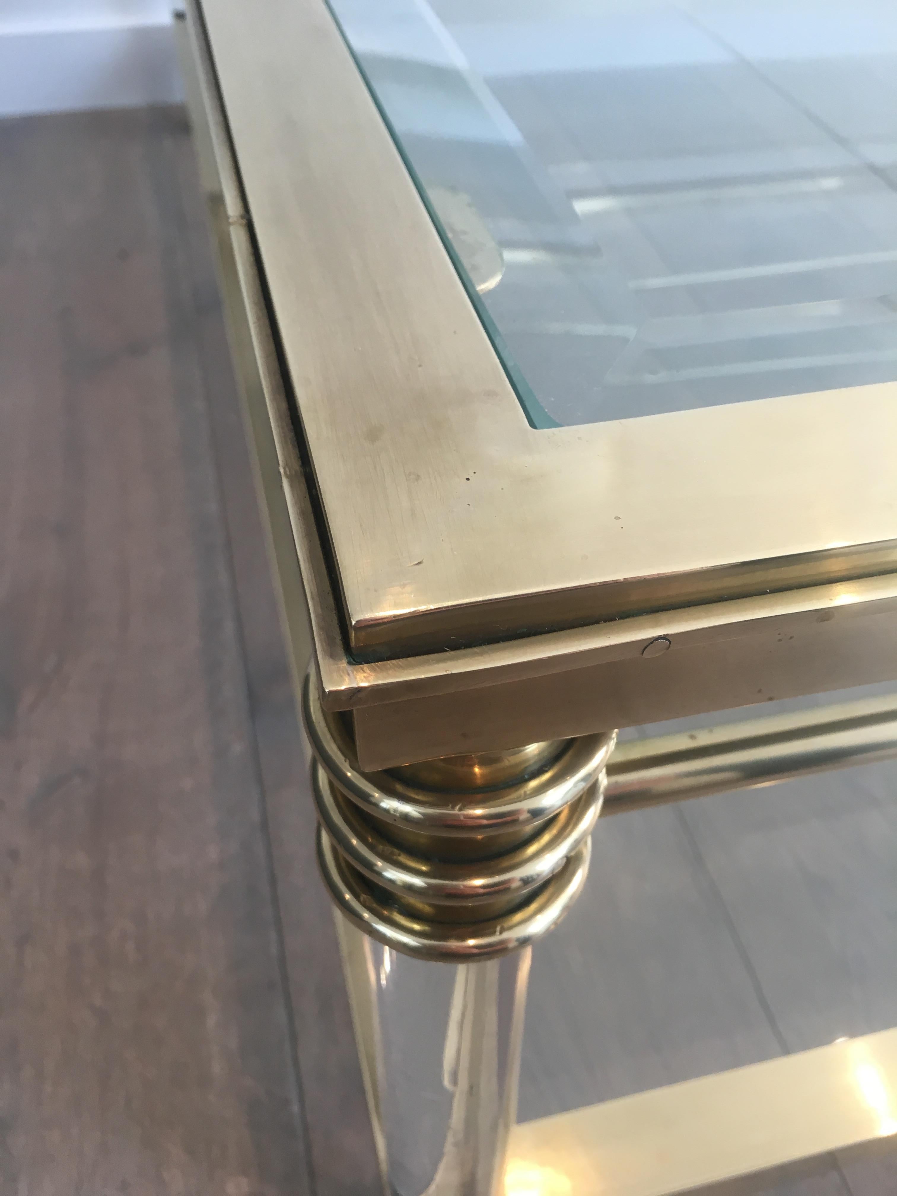 Mid-20th Century Large Brass and Lucite Square Coffee Table