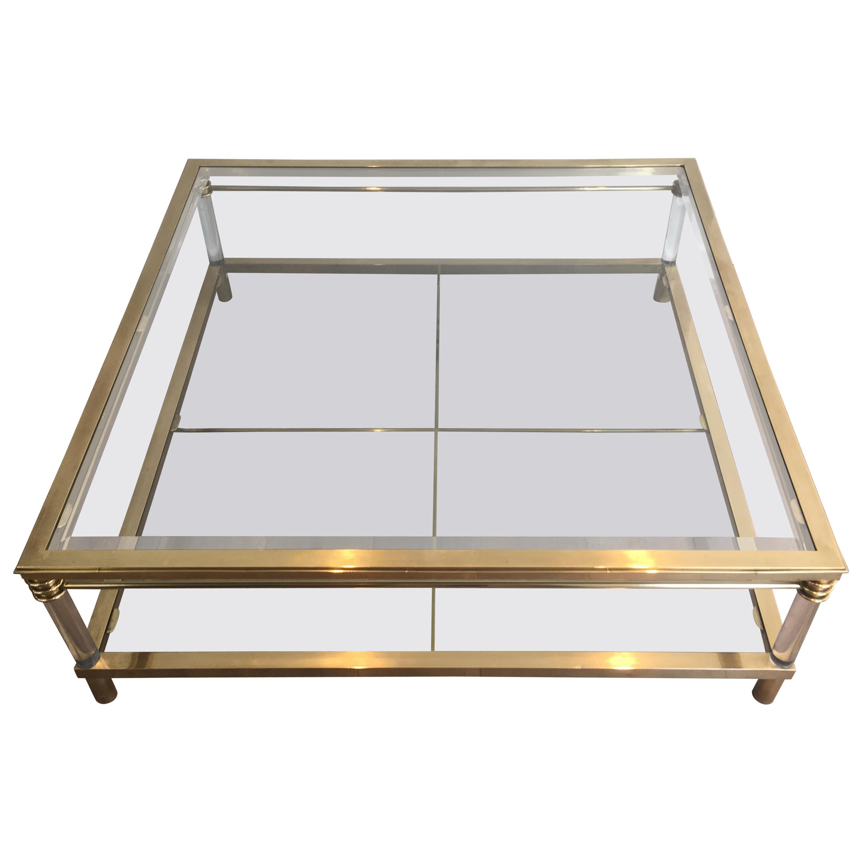 Large Brass and Lucite Square Coffee Table