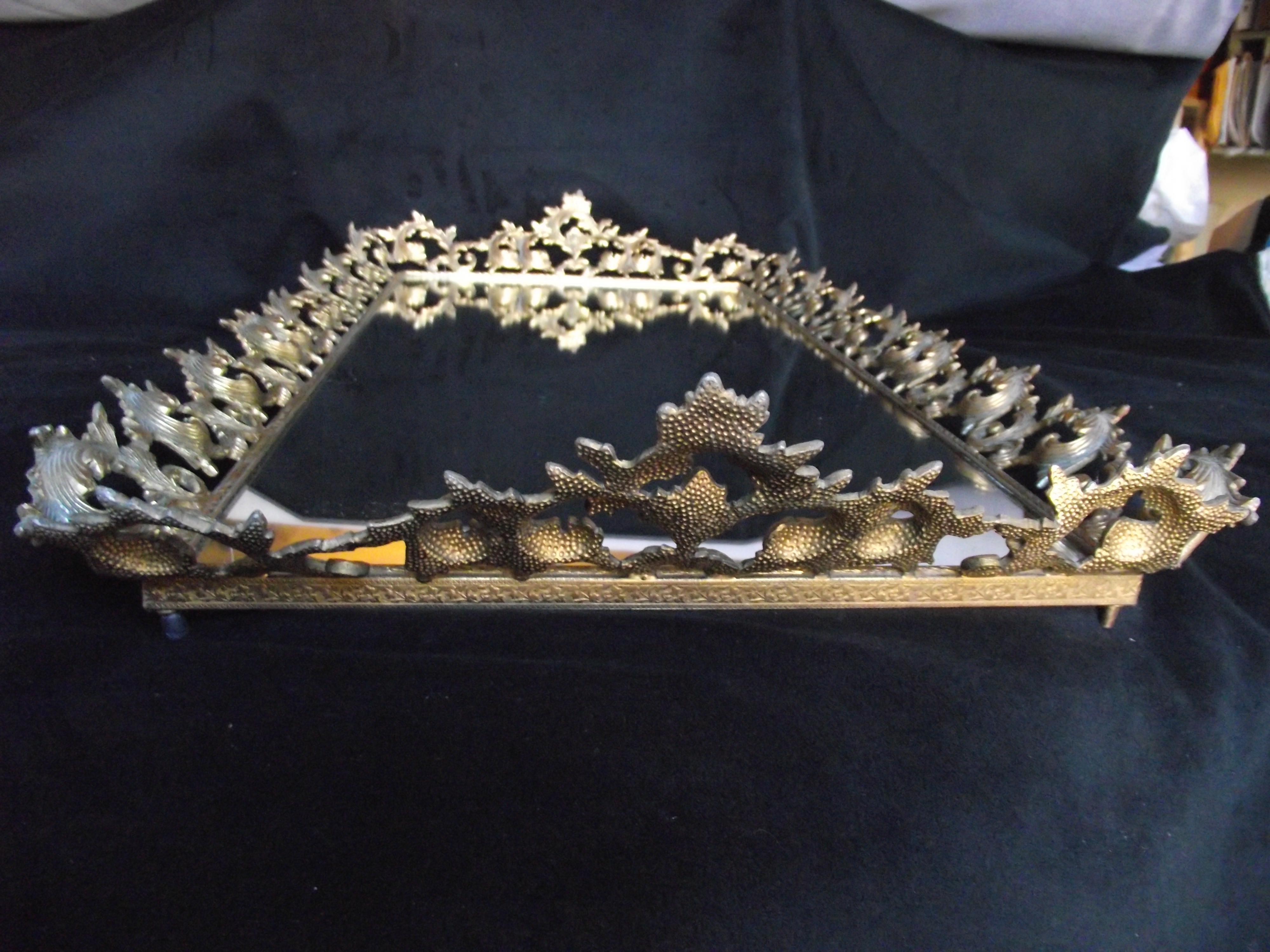 Late 19th Century Large Brass and Mirror Vanity Tray, Very Elaborate Vanity Tray For Sale
