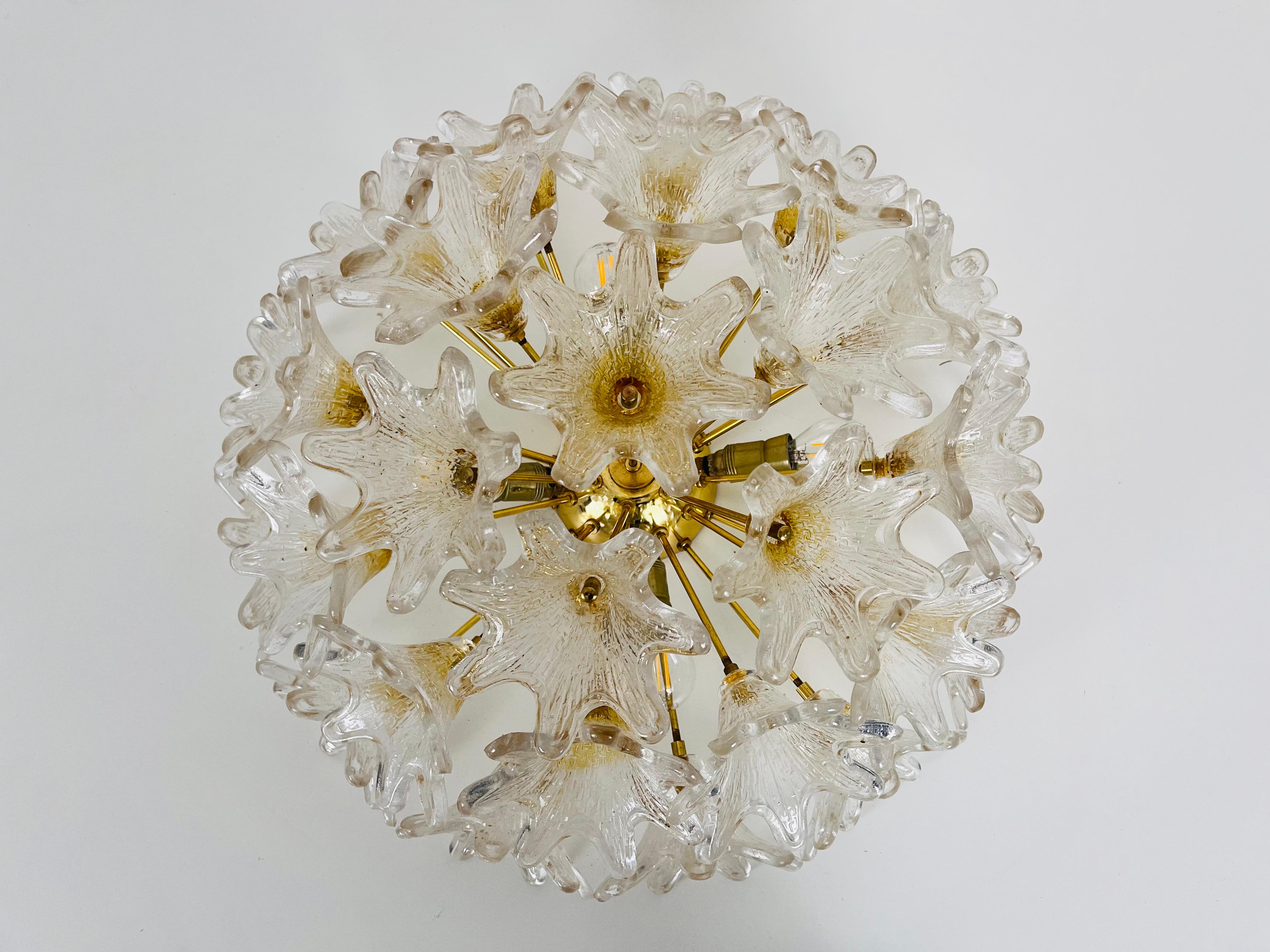 Mid-Century Modern Large Brass and Murano Glass Flush Mount by Paolo Venini for VeArt, Italy, 1960s For Sale