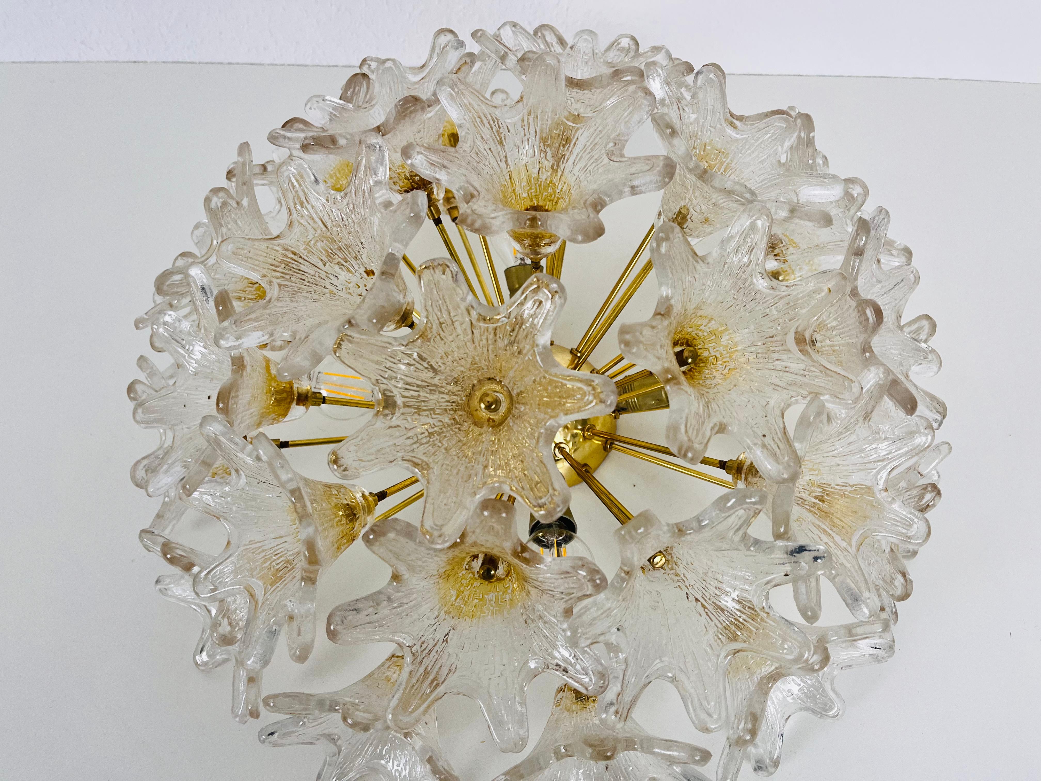 Hand-Crafted Large Brass and Murano Glass Flush Mount by Paolo Venini for VeArt, Italy, 1960s For Sale