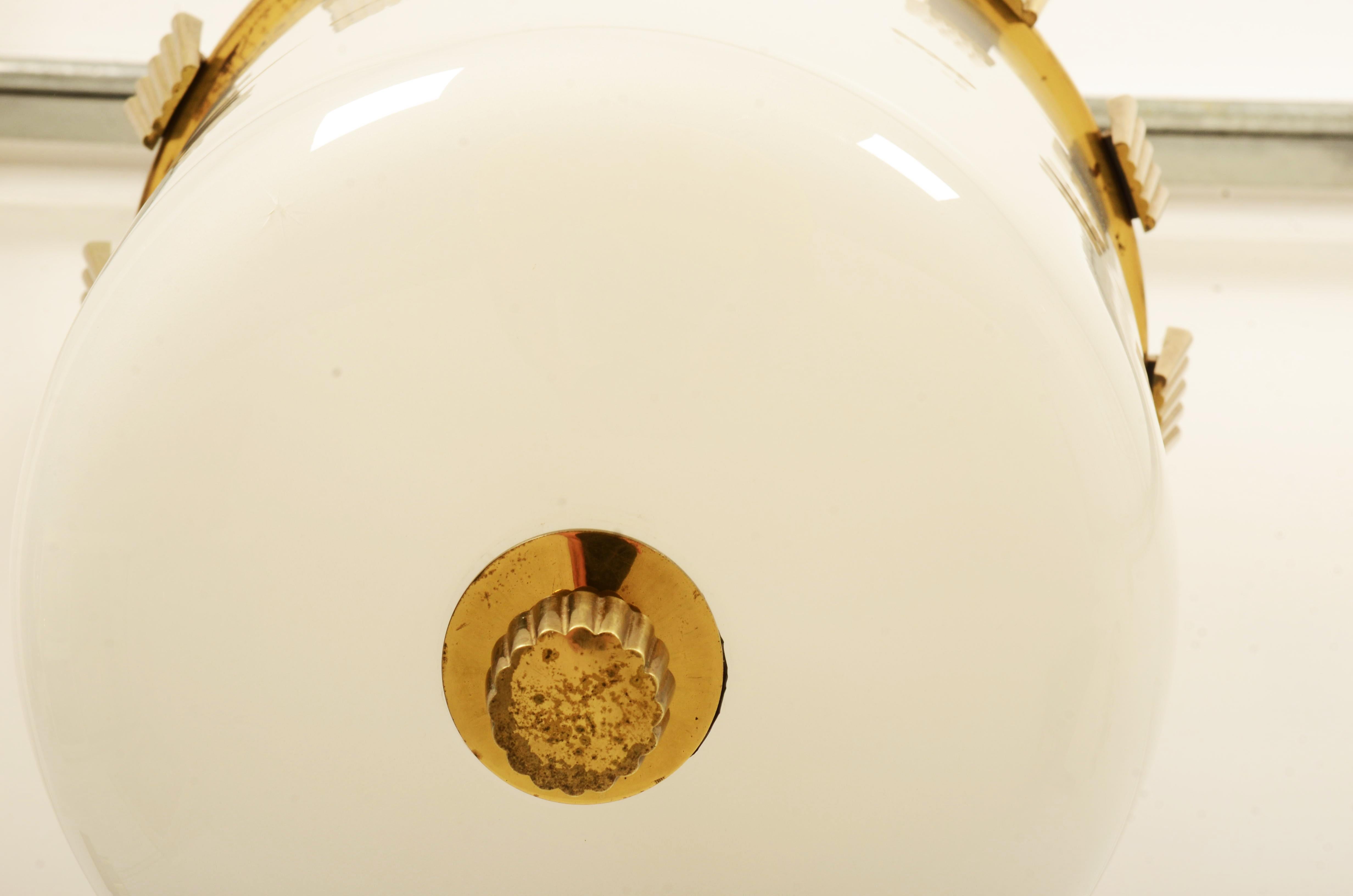 Large Brass and Opaline Glass Pendant Lamp by Oswald Haerdtl For Sale 7