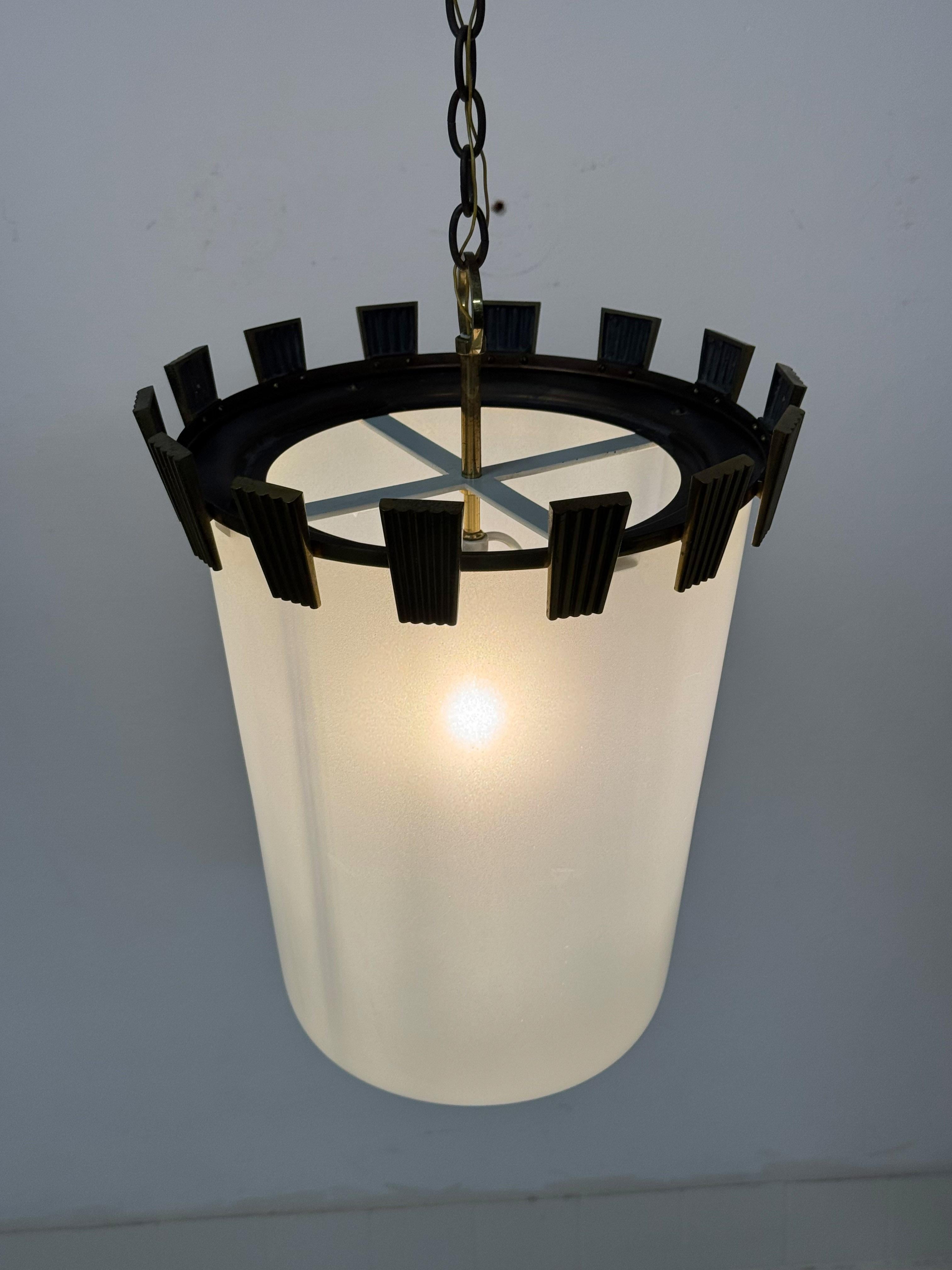 Large Brass and Opaline Glass Pendant Lamp by Oswald Haerdtl For Sale 10